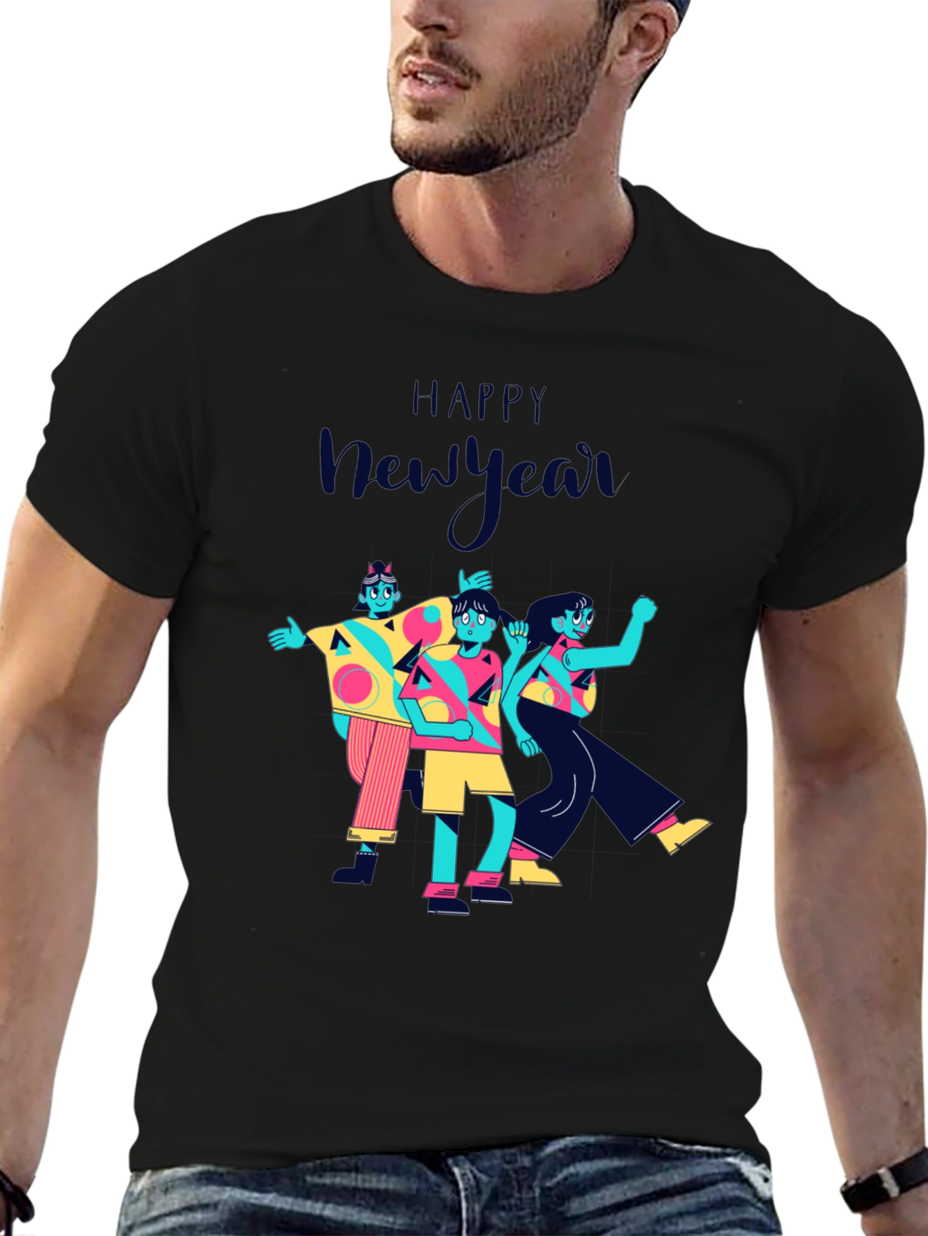 Happy New Year Graphic Print Black T-Shirt