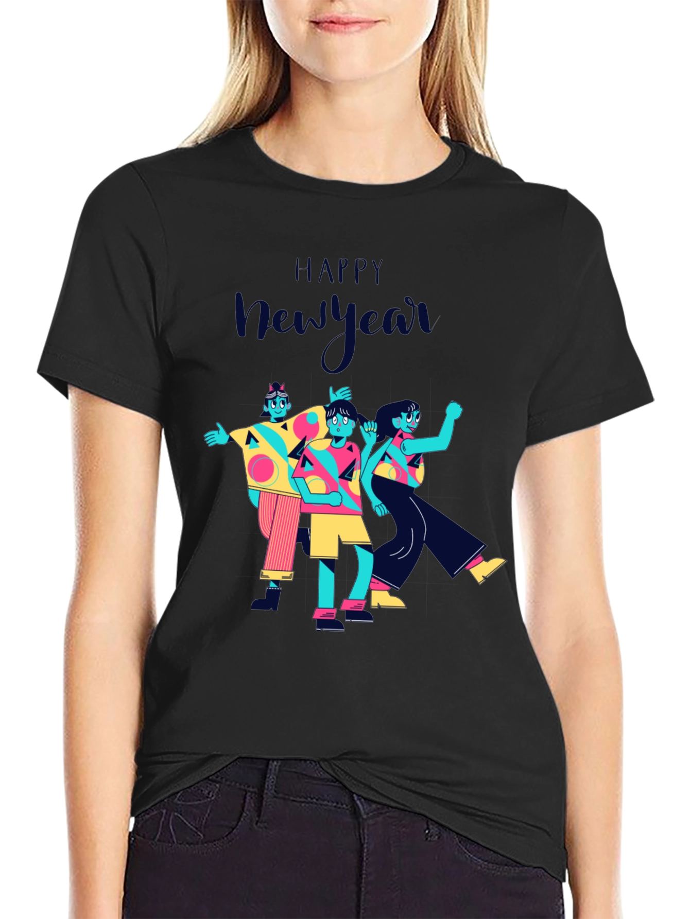 Happy New Year Graphic Print Black T-Shirt
