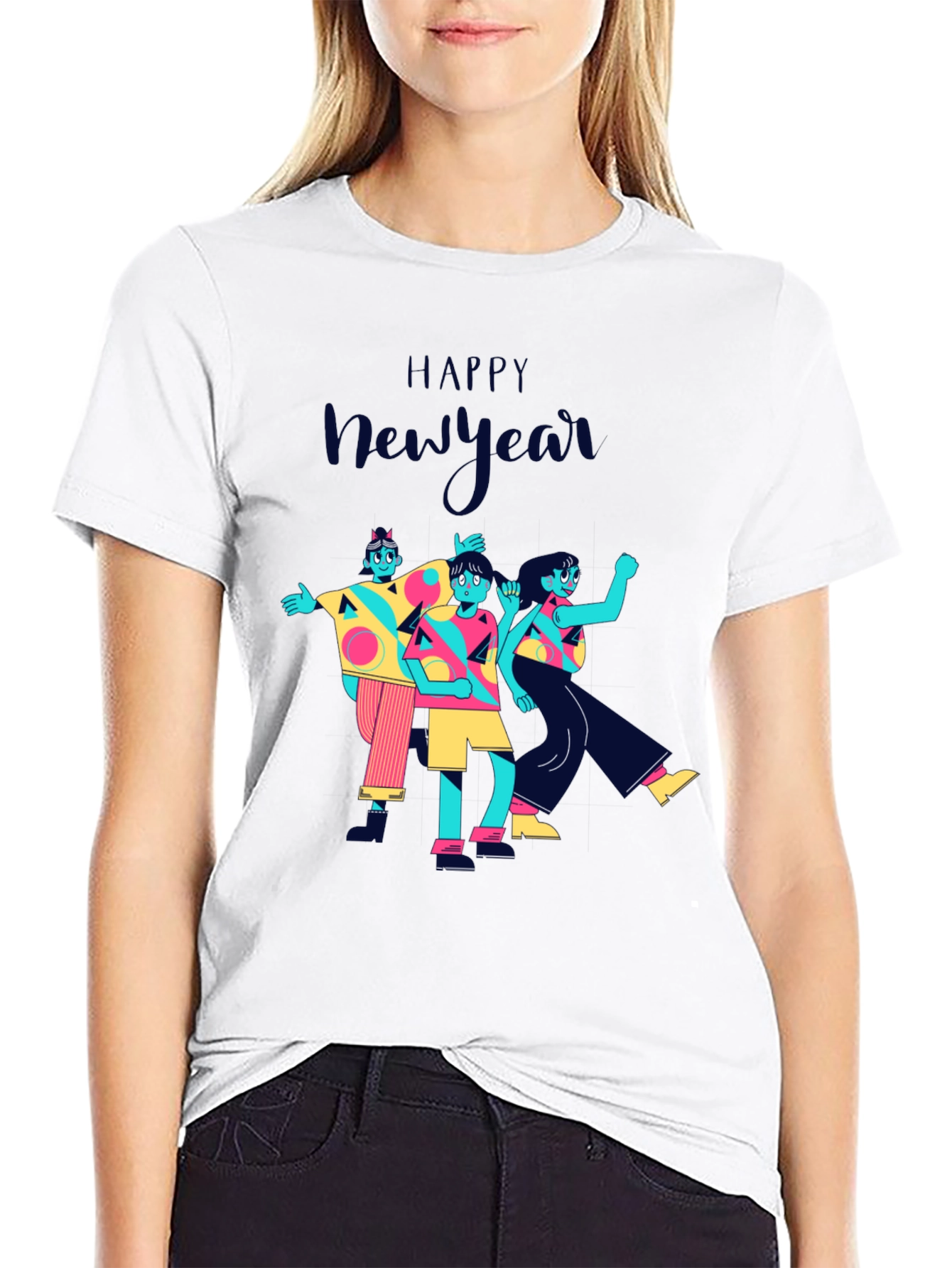 Happy New Year Graphic Print Black T-Shirt
