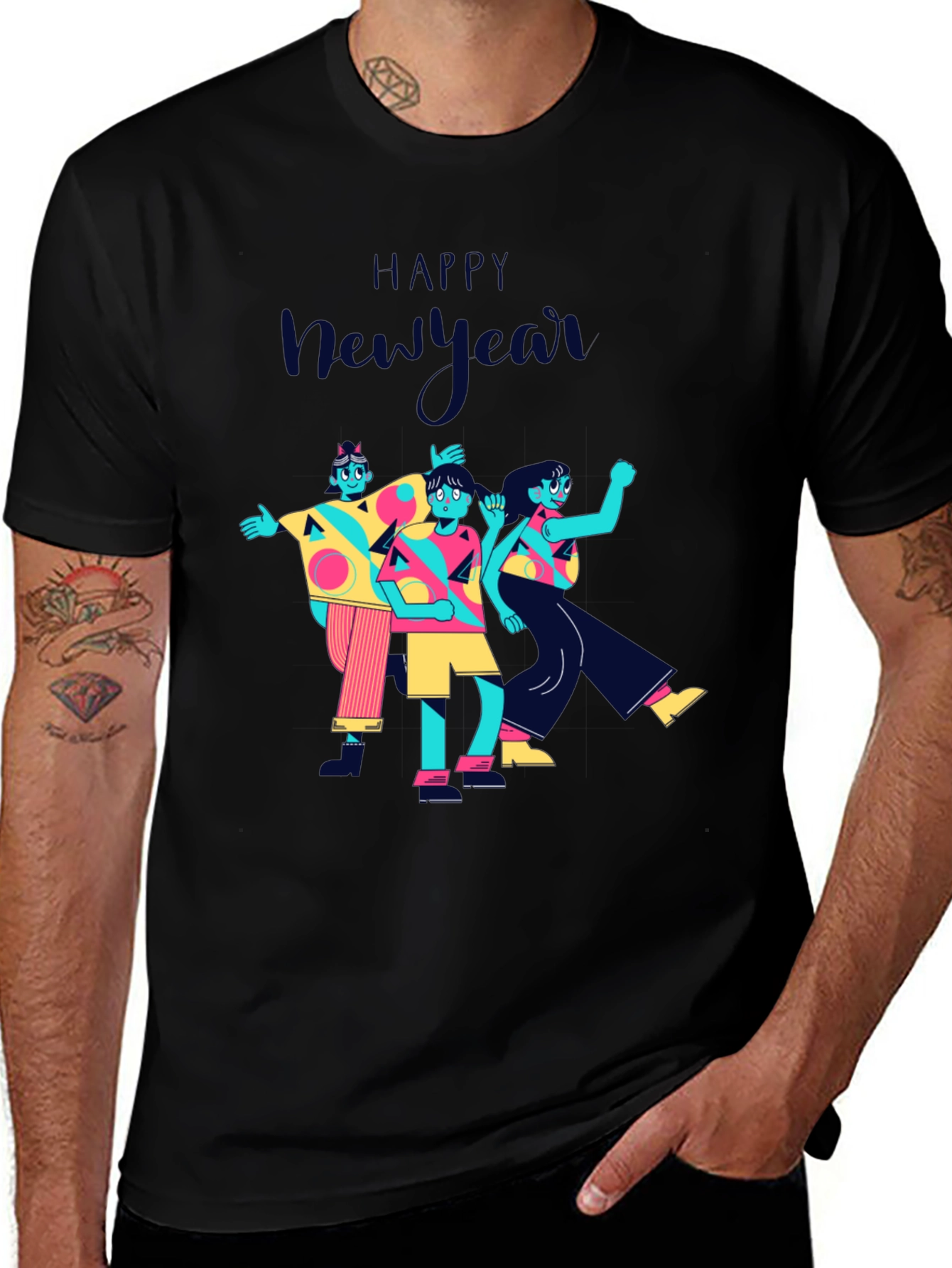 Happy New Year Graphic Print Black T-Shirt