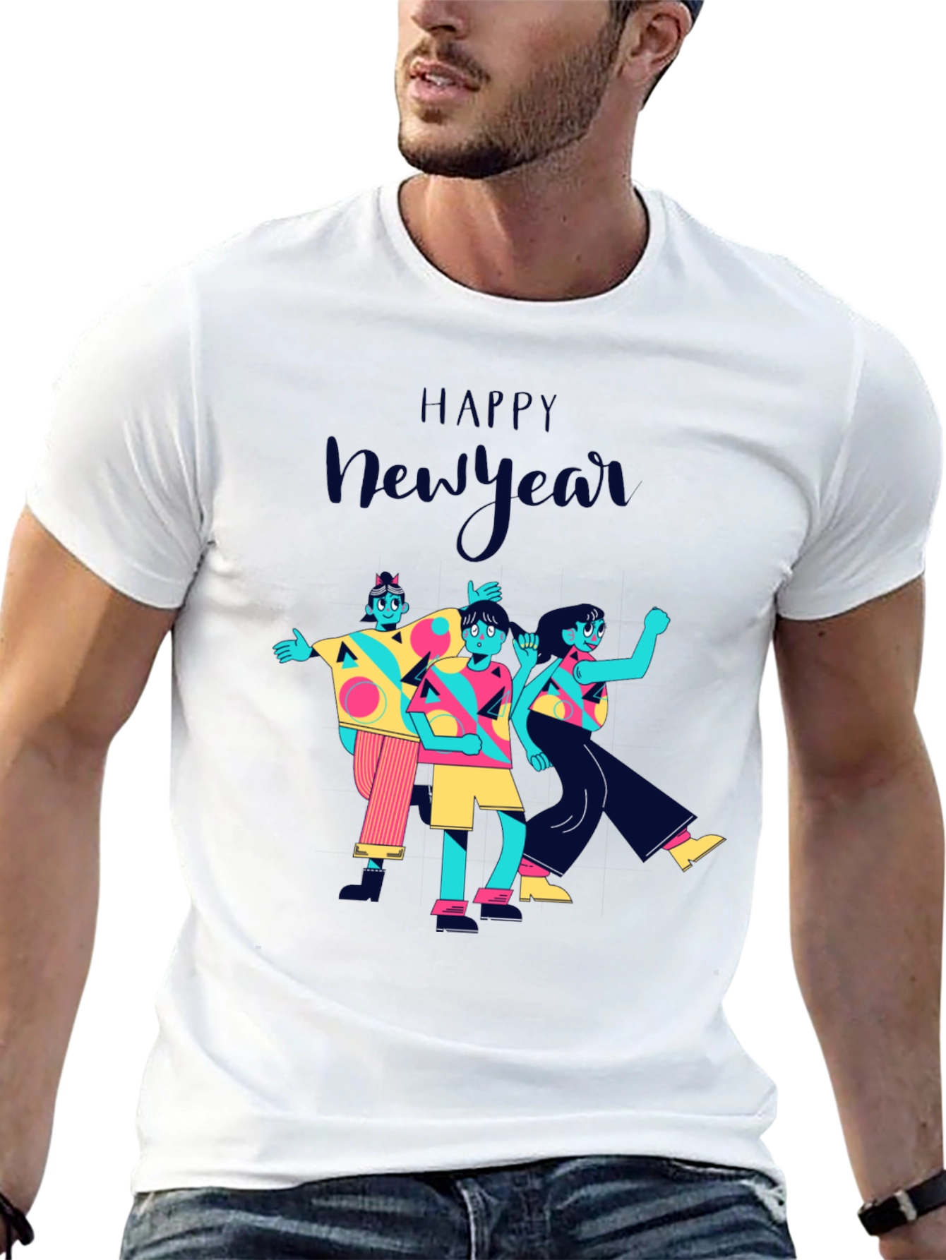 Happy New Year Graphic Print Black T-Shirt