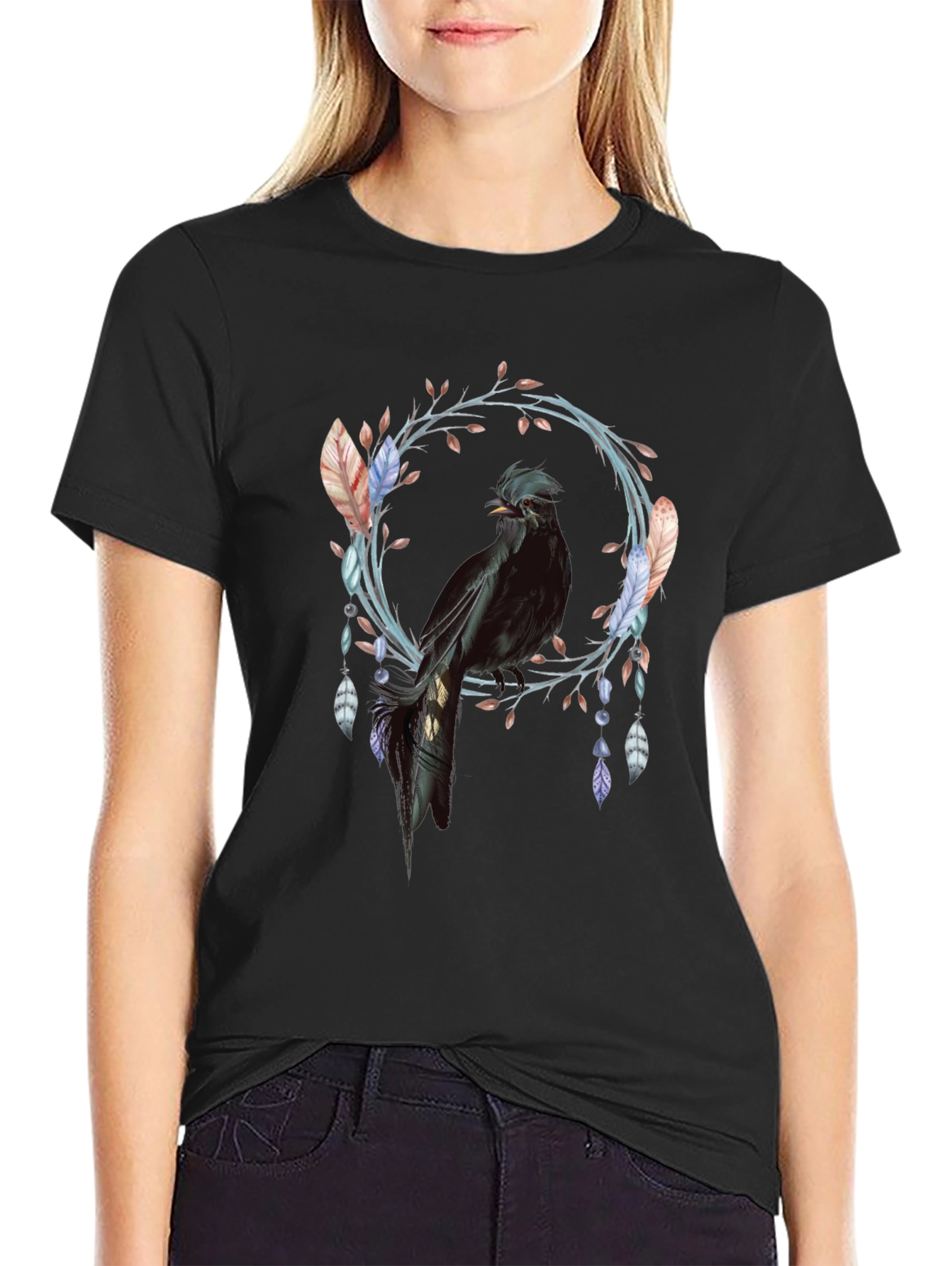 Black Bird Feather Wreath Graphic Tee