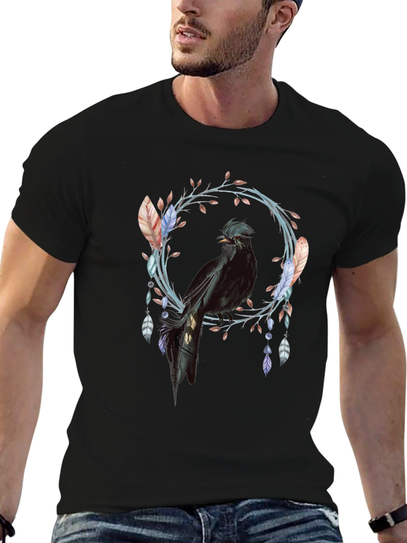 Black Bird Feather Wreath Graphic Tee