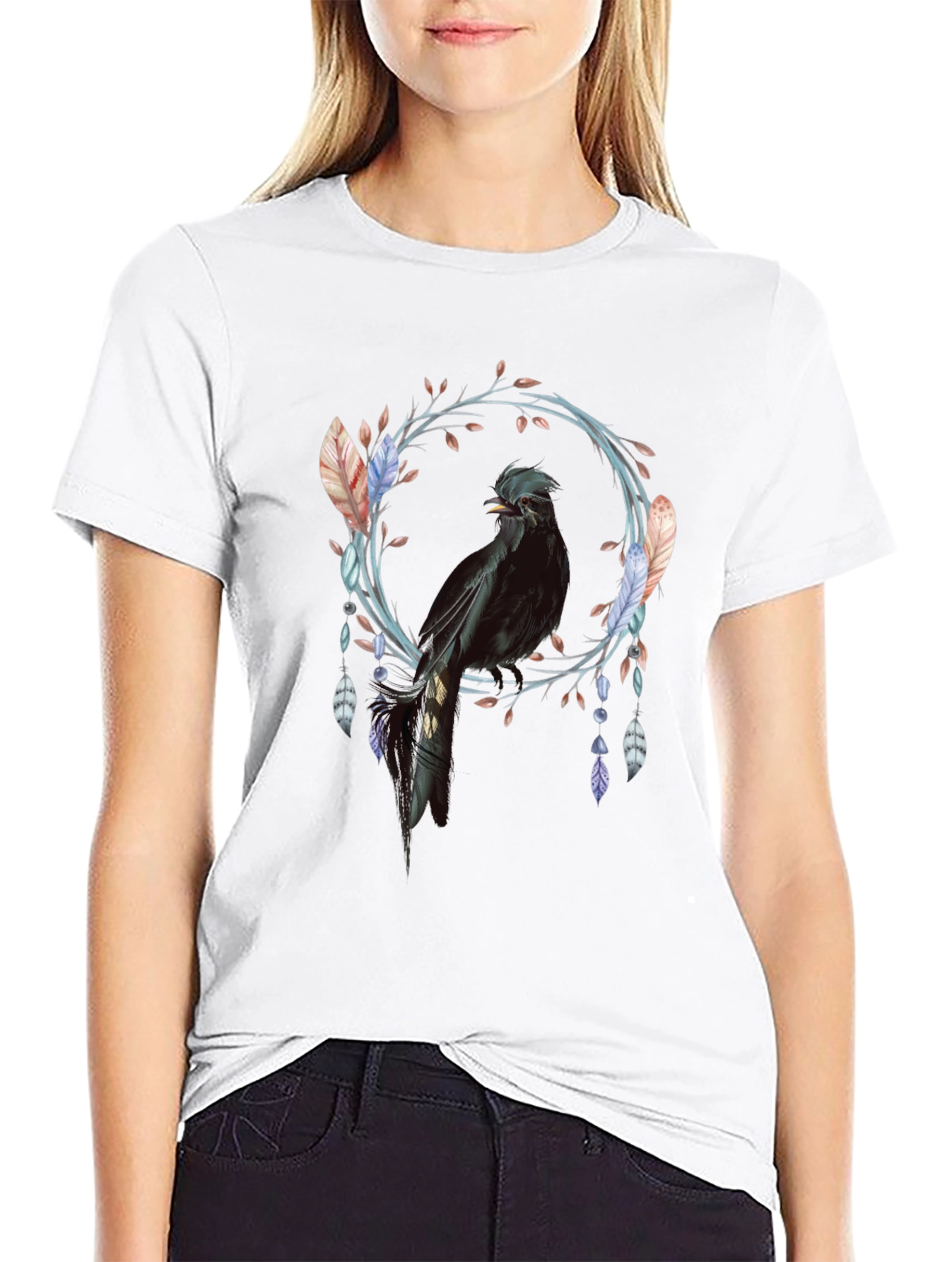 Black Bird Feather Wreath Graphic Tee