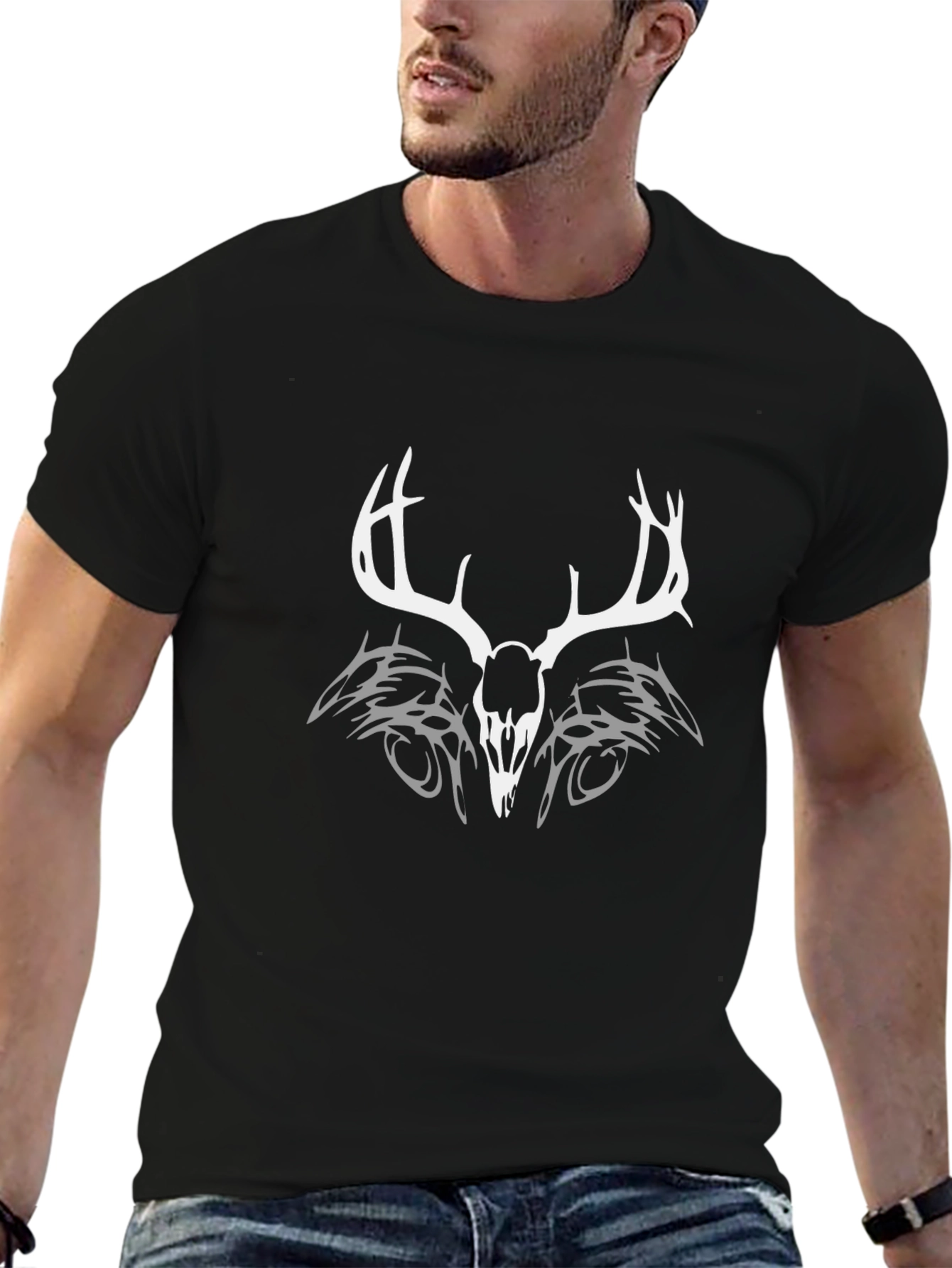 Deer Skull Tribal Graphic Tee - Black
