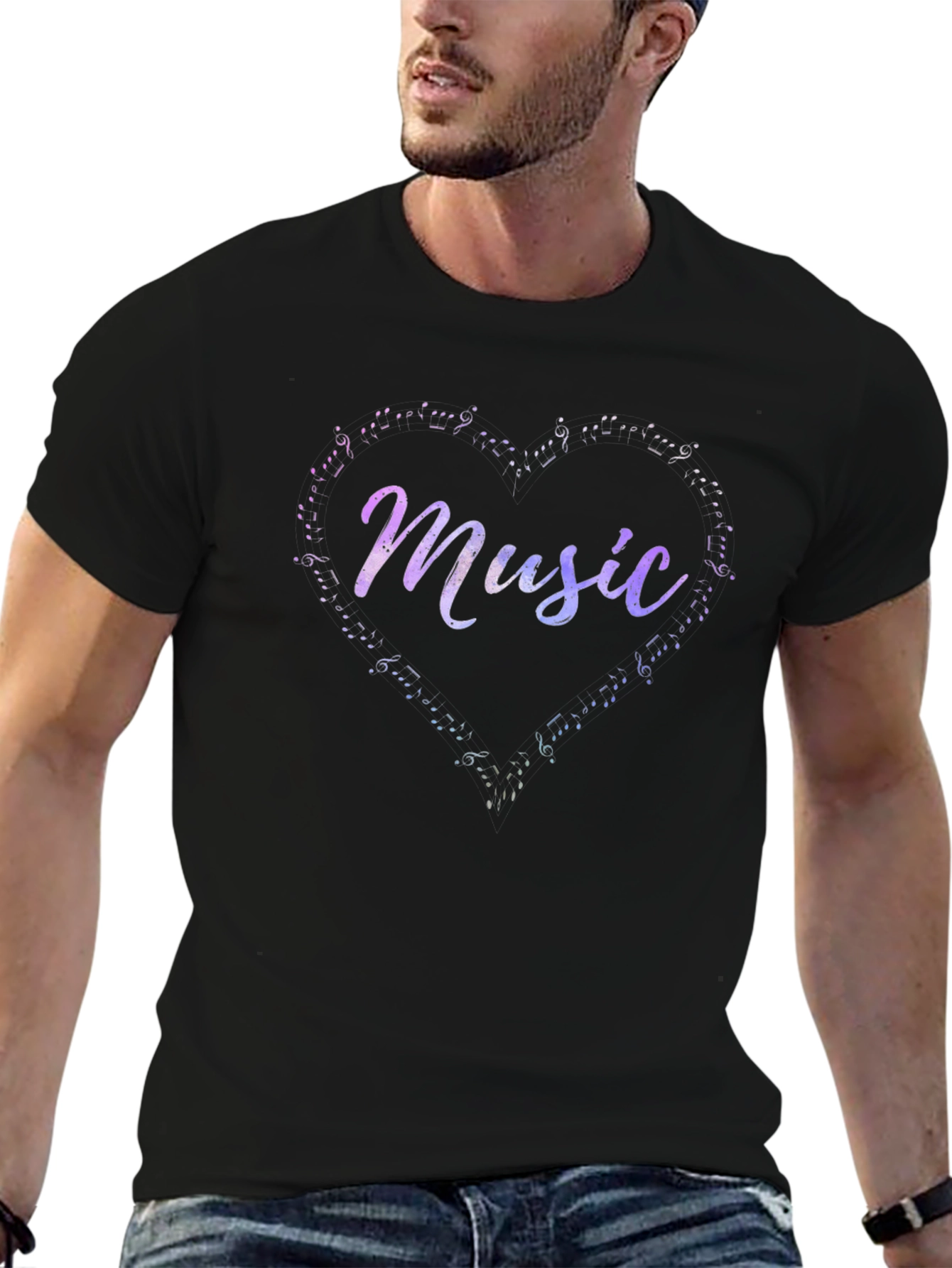 Music Heart Note Graphic Tee - Casual Black T-Shirt