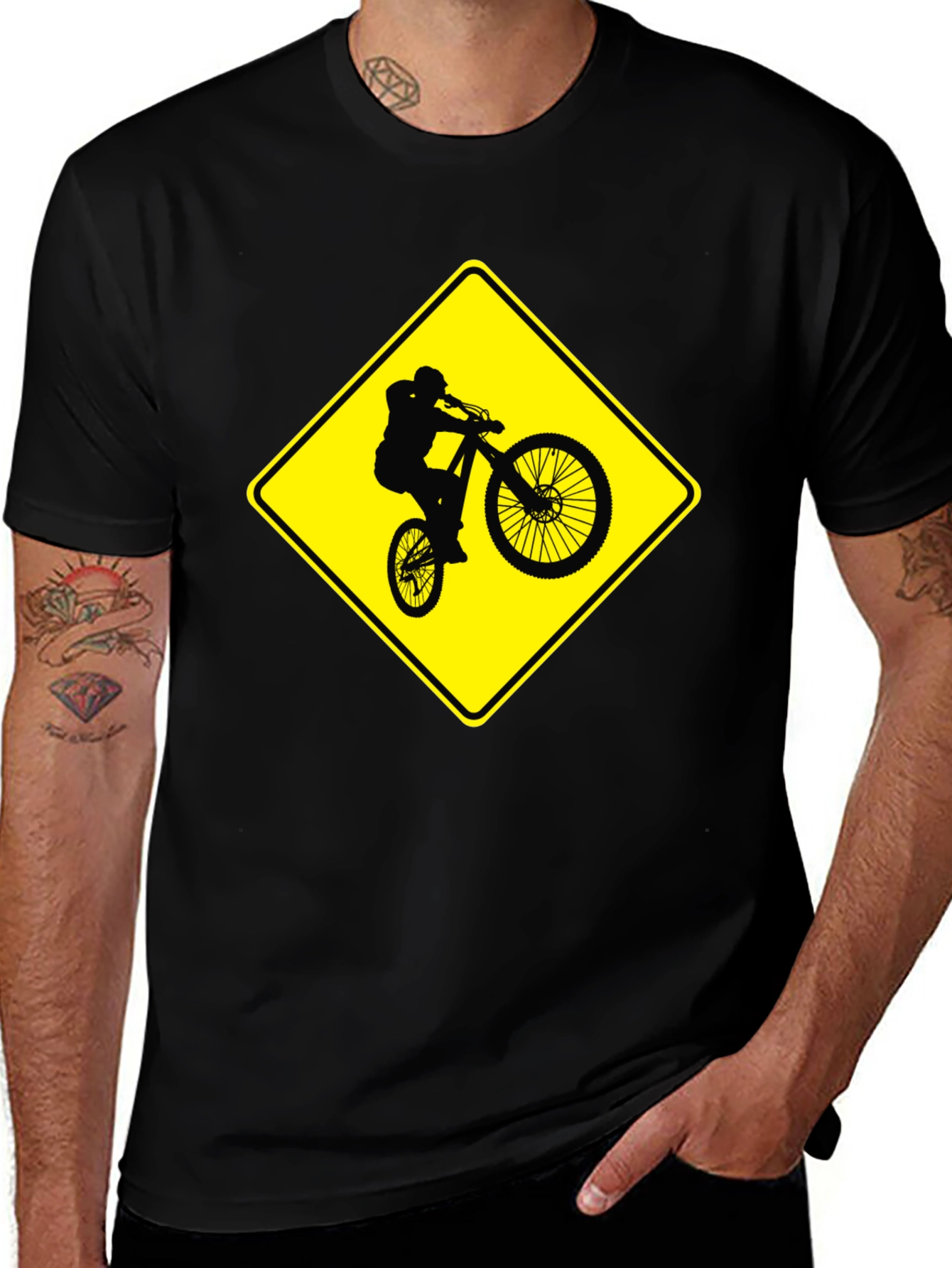 Mountain Biker Crossing Sign Black T-Shirt
