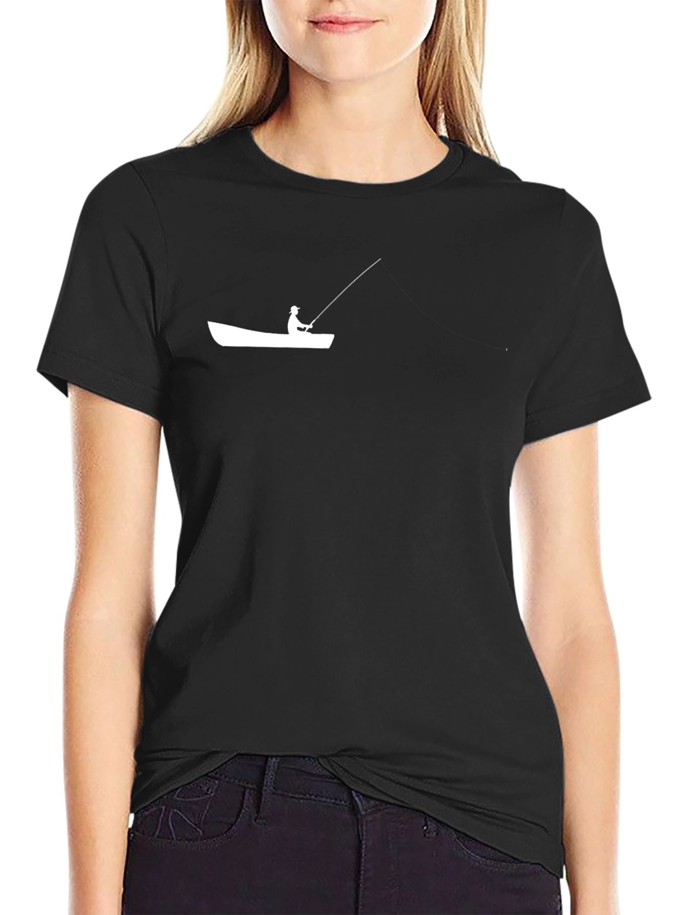 Fisherman in Boat Graphic Tee - Black Cotton T-Shirt