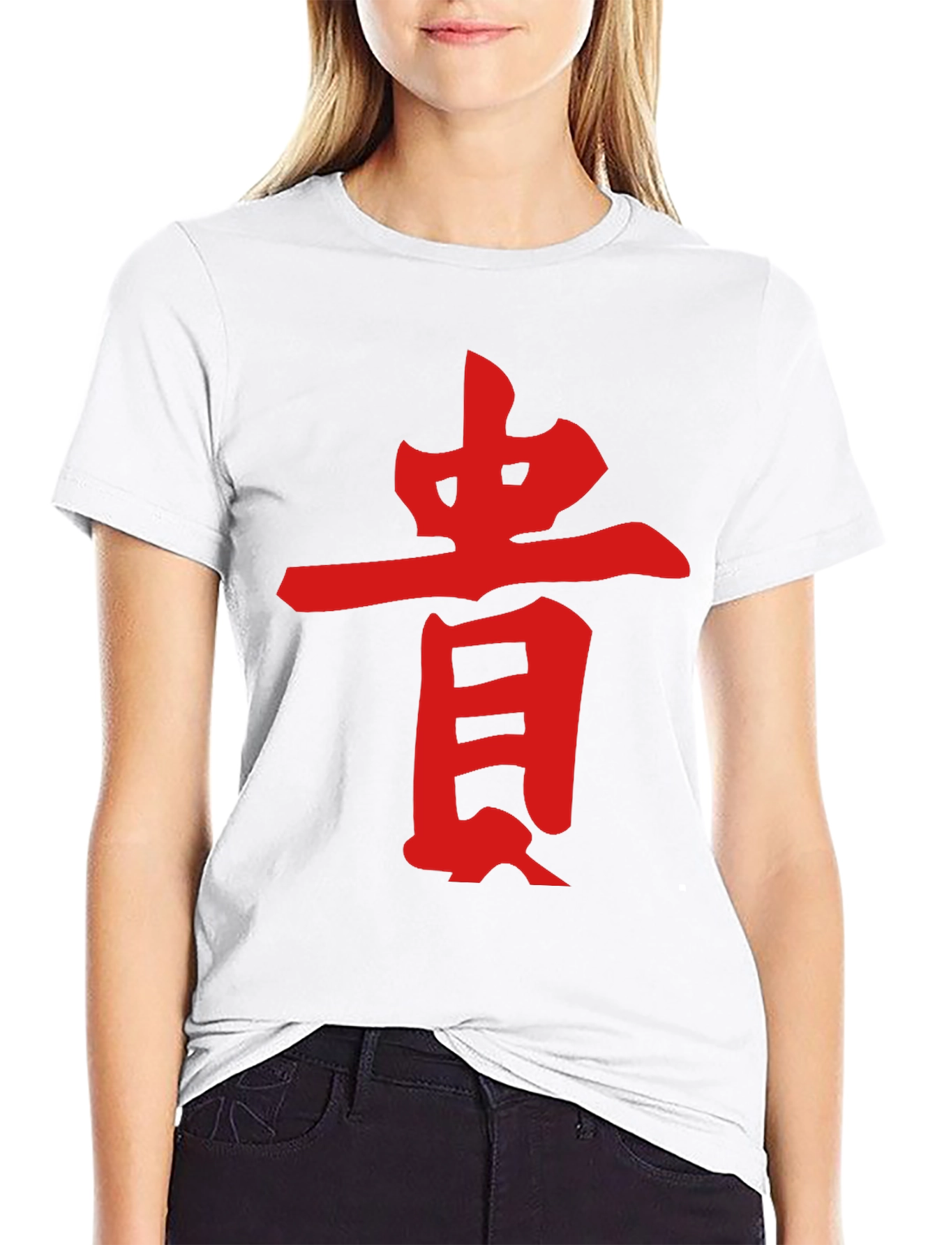 Black Tee with Red Asian Symbol Graphic Print