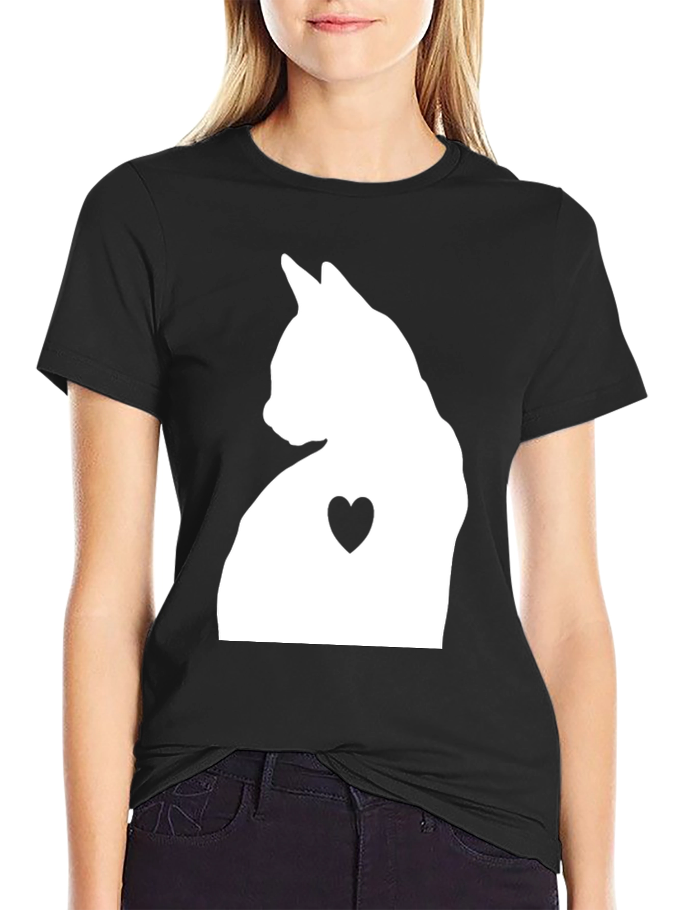 Cat Heart Silhouette Graphic Tee - Black