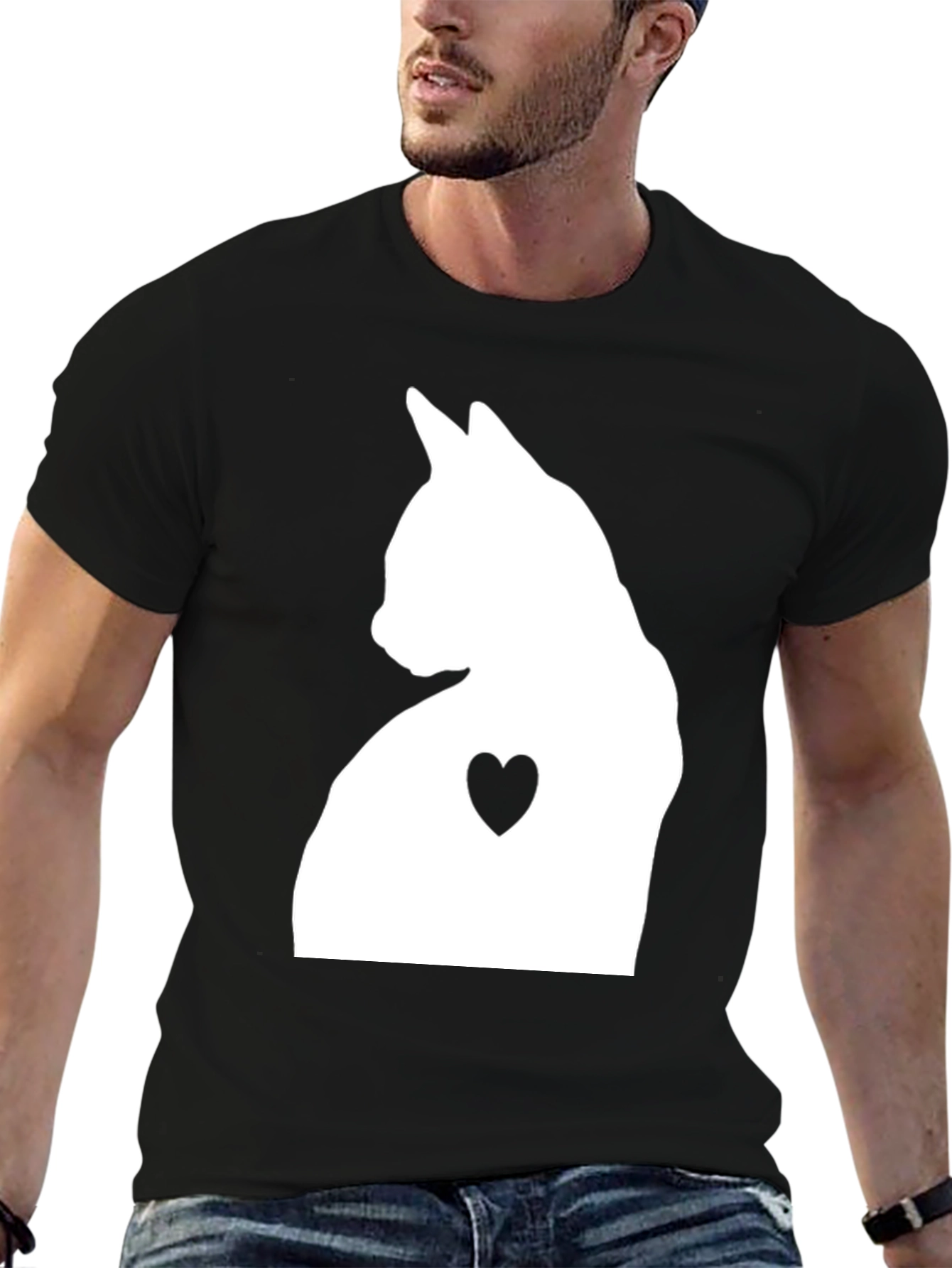Cat Heart Silhouette Graphic Tee - Black