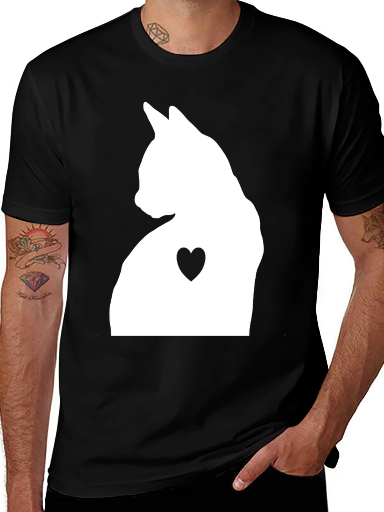 Cat Heart Silhouette Graphic Tee - Black