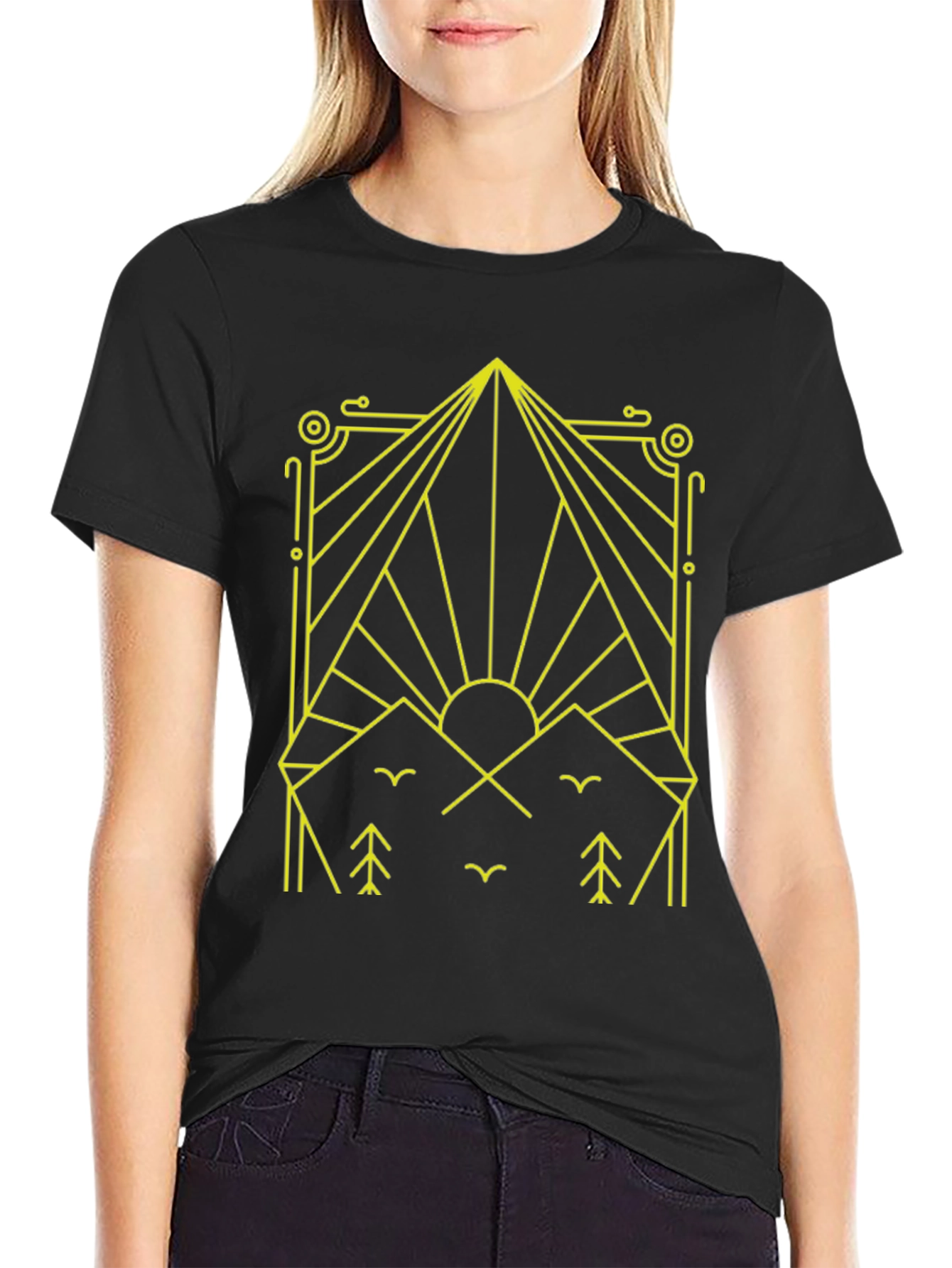 Geometric Mountain Scene Graphic Tee - Black