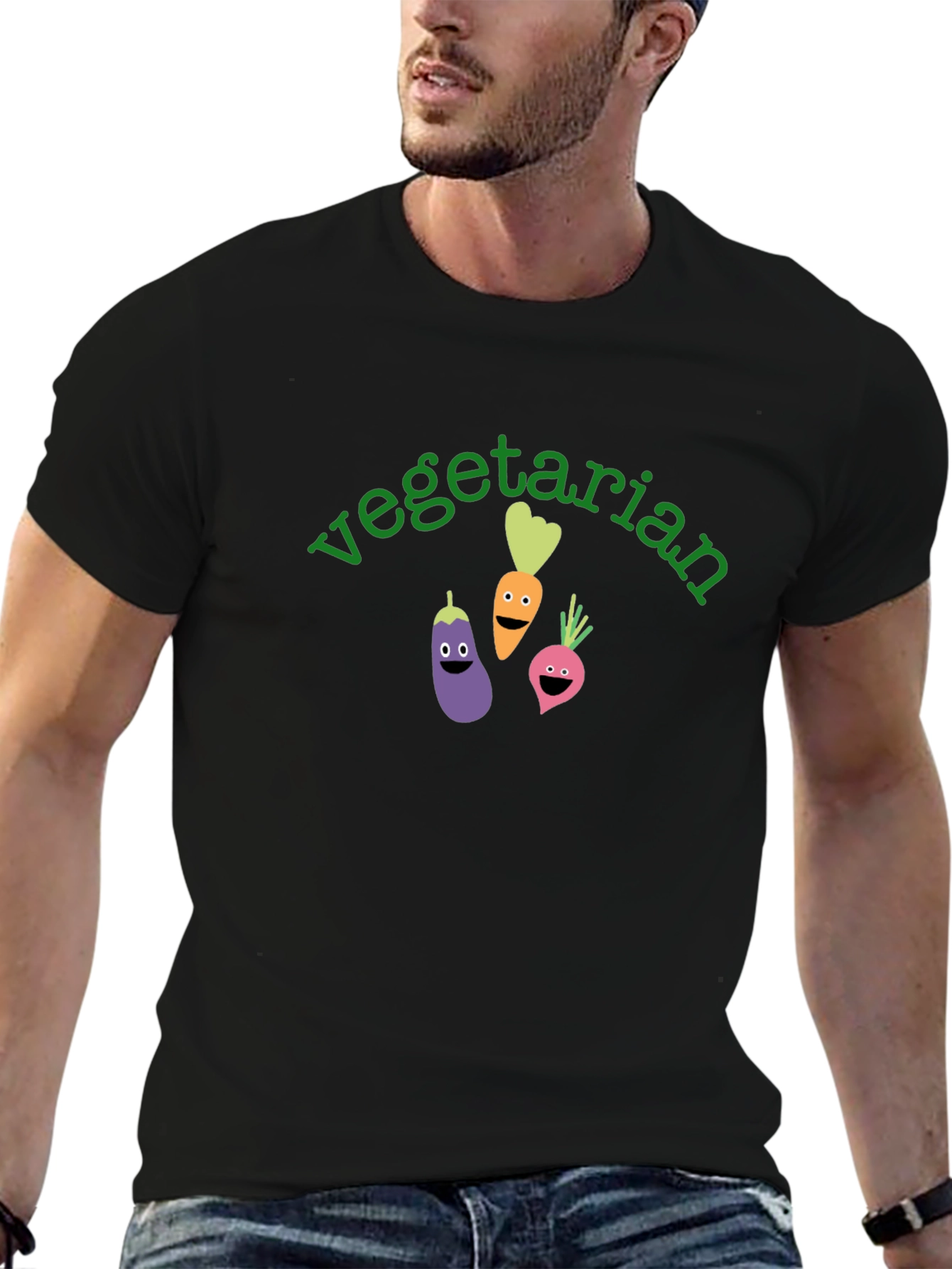 Vegetarian Cartoon Vegetable Graphic Black T-Shirt
