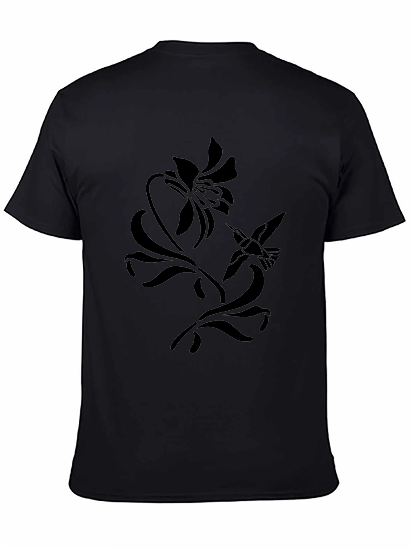 Floral Hummingbird Graphic Tee - Black Cotton T-Shirt