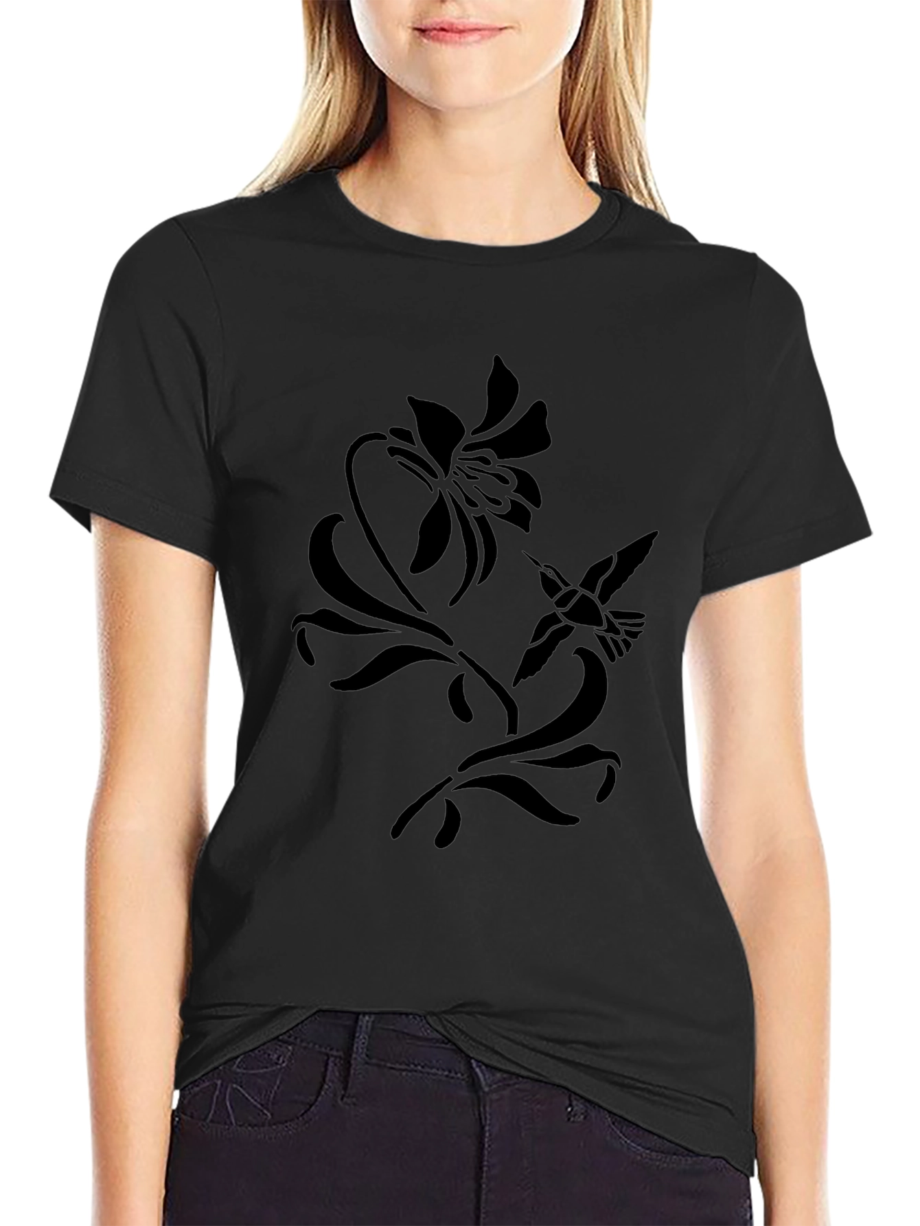 Floral Hummingbird Graphic Tee - Black Cotton T-Shirt