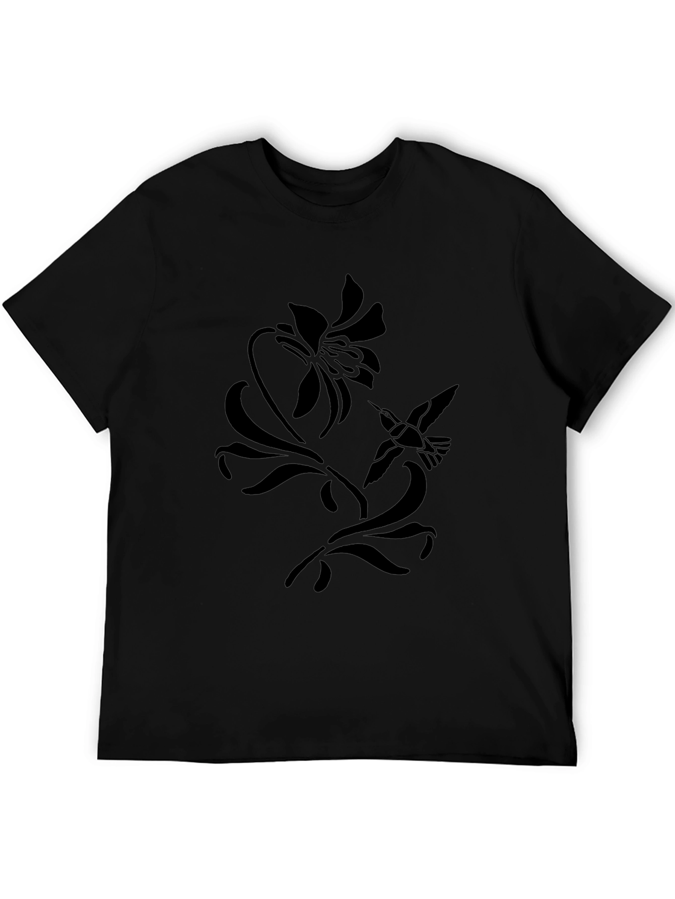 Floral Hummingbird Graphic Tee - Black Cotton T-Shirt