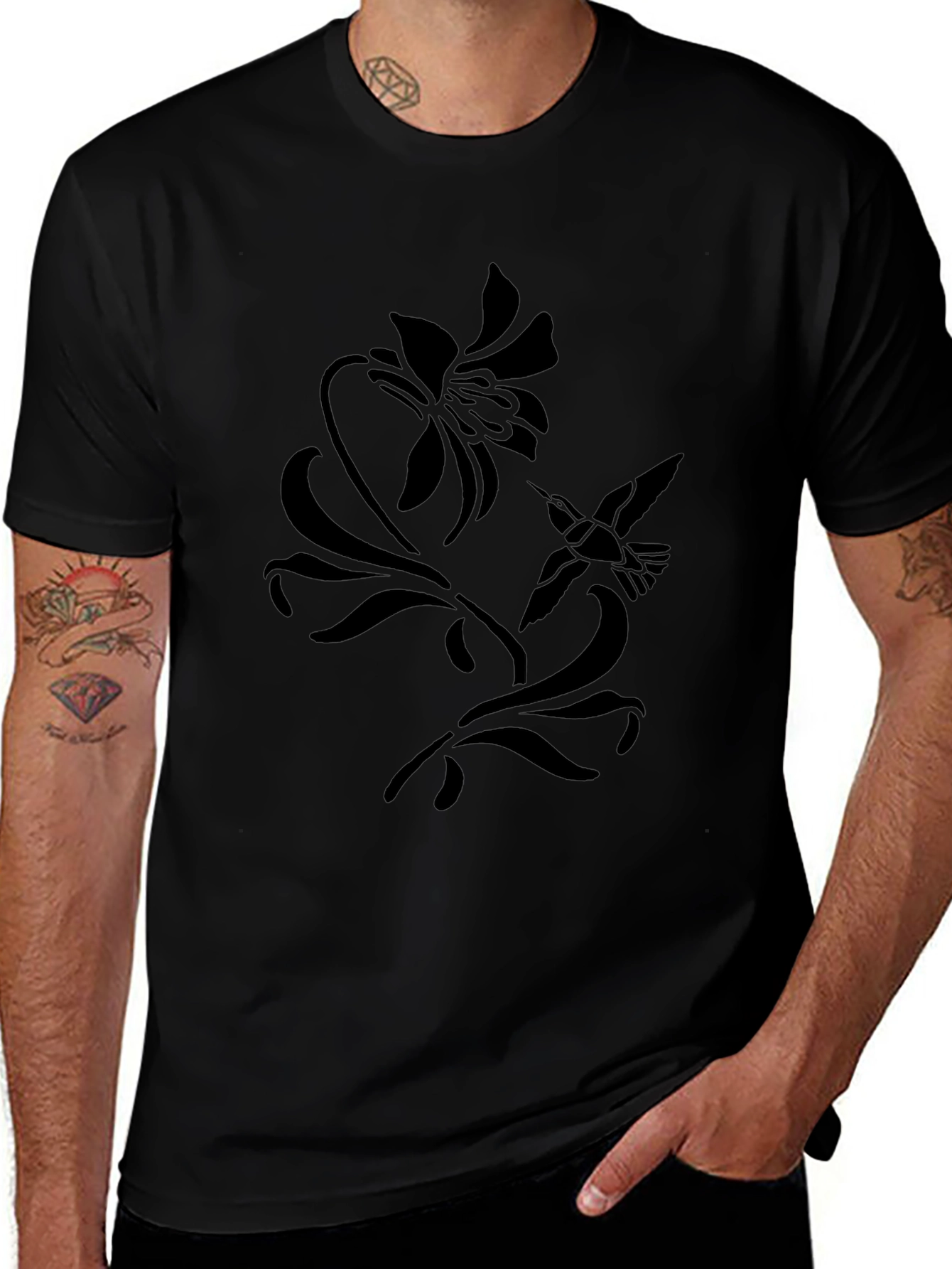 Floral Hummingbird Graphic Tee - Black Cotton T-Shirt