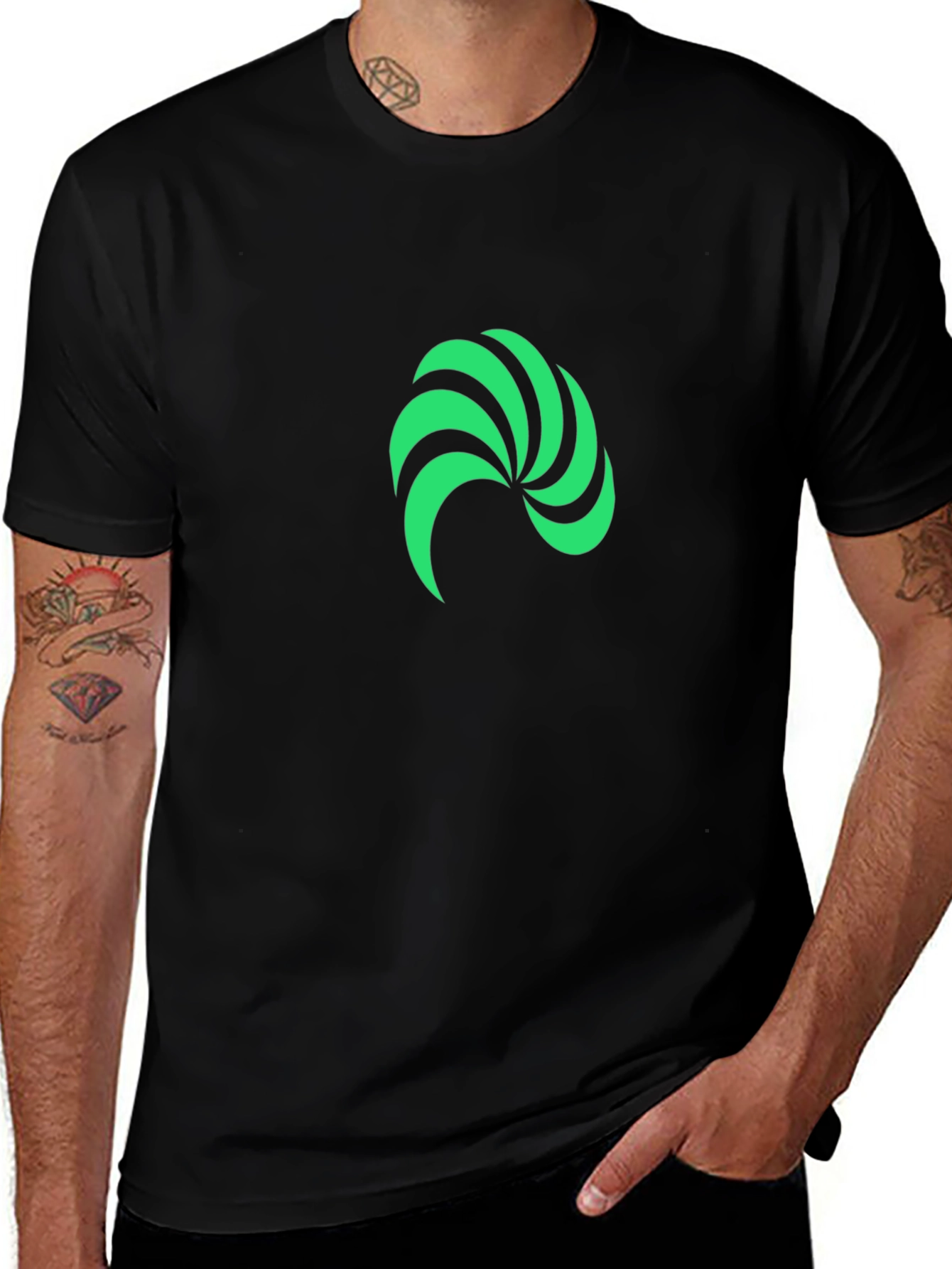 Modern Green Swirl Graphic Black T-Shirt