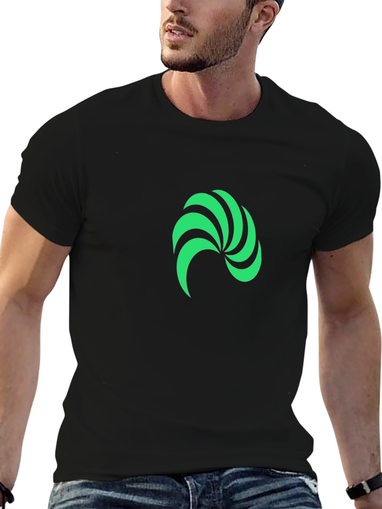 Modern Green Swirl Graphic Black T-Shirt