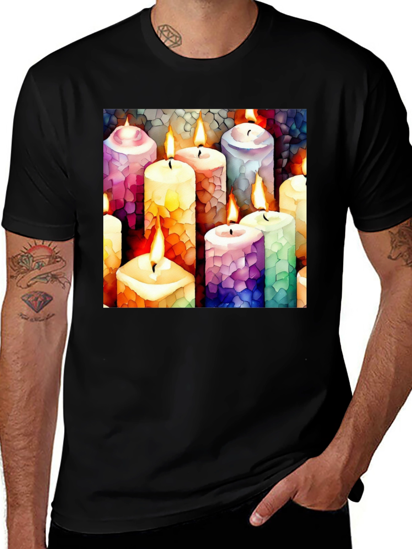 Artistic Candle Print Black T-Shirt