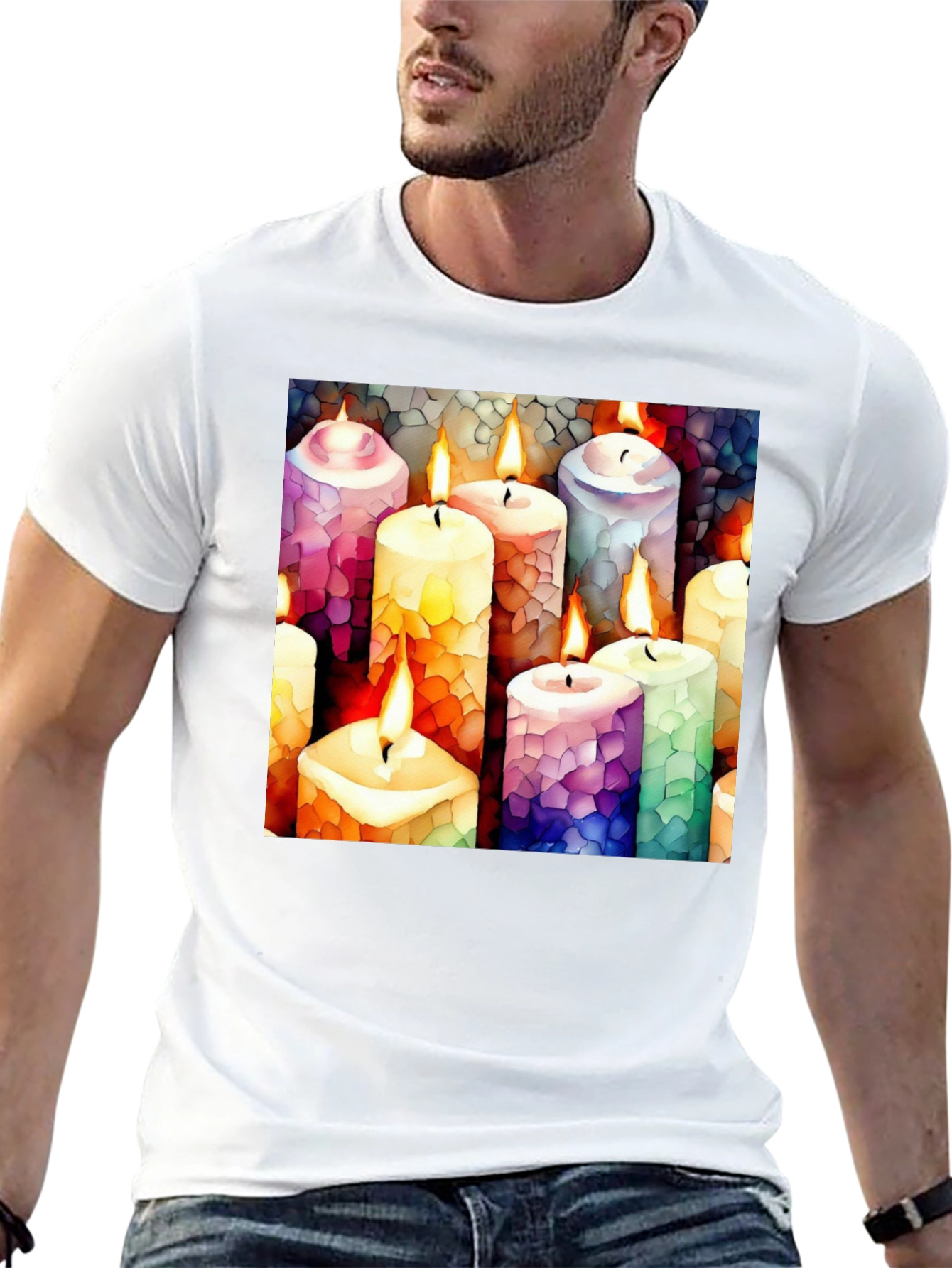 Artistic Candle Print Black T-Shirt