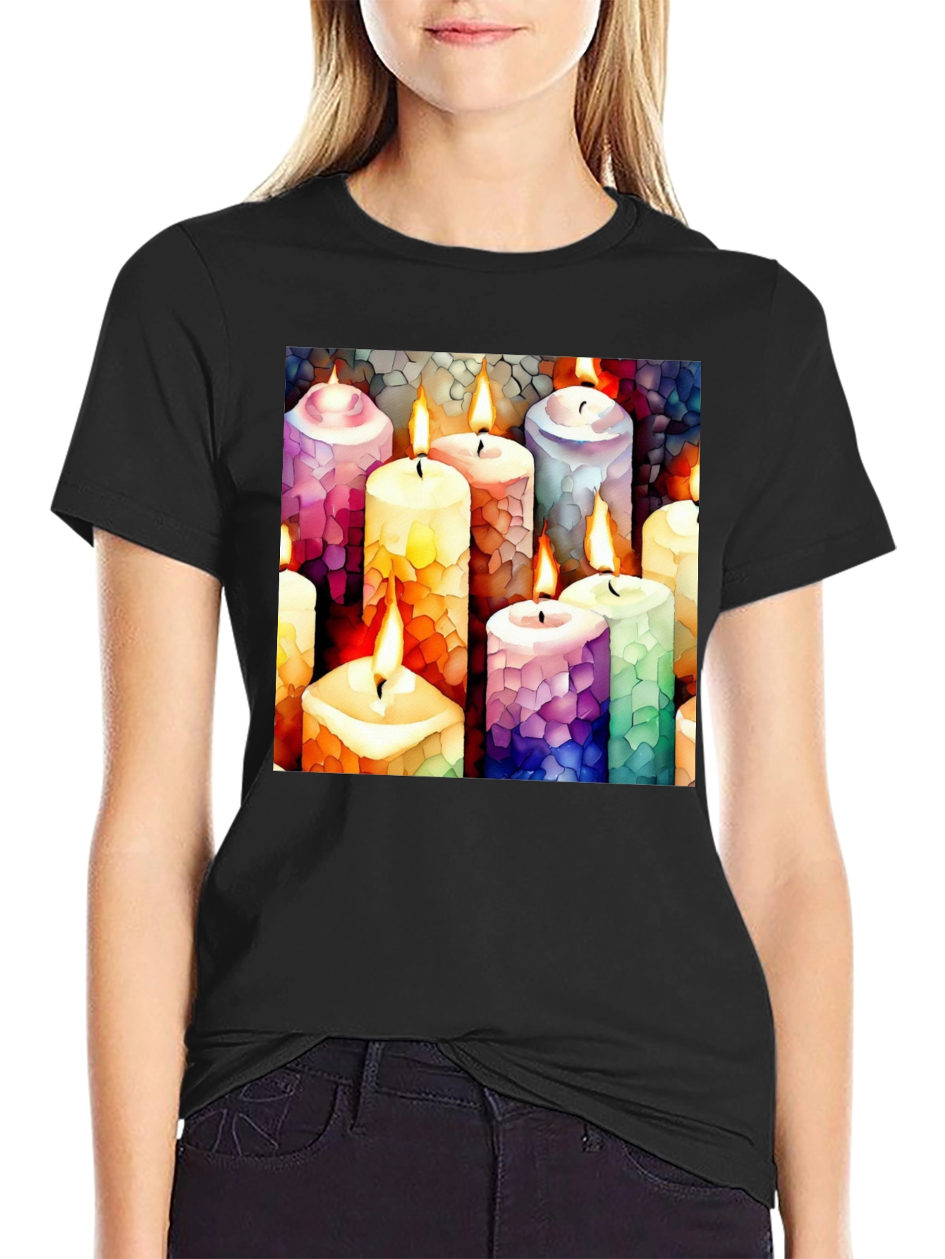 Artistic Candle Print Black T-Shirt