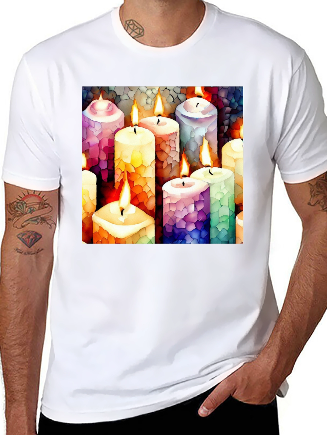 Artistic Candle Print Black T-Shirt
