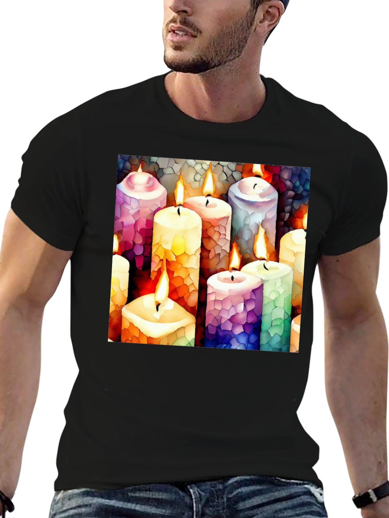 Artistic Candle Print Black T-Shirt
