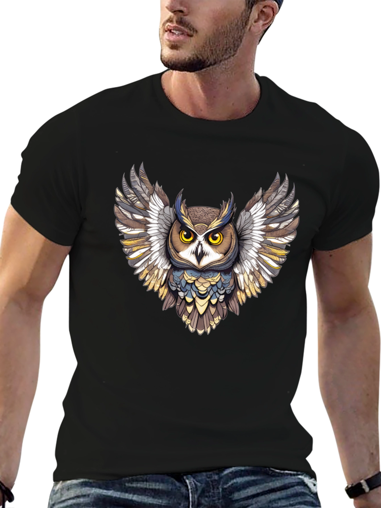 Owl Graphic Print Mens Black T-Shirt