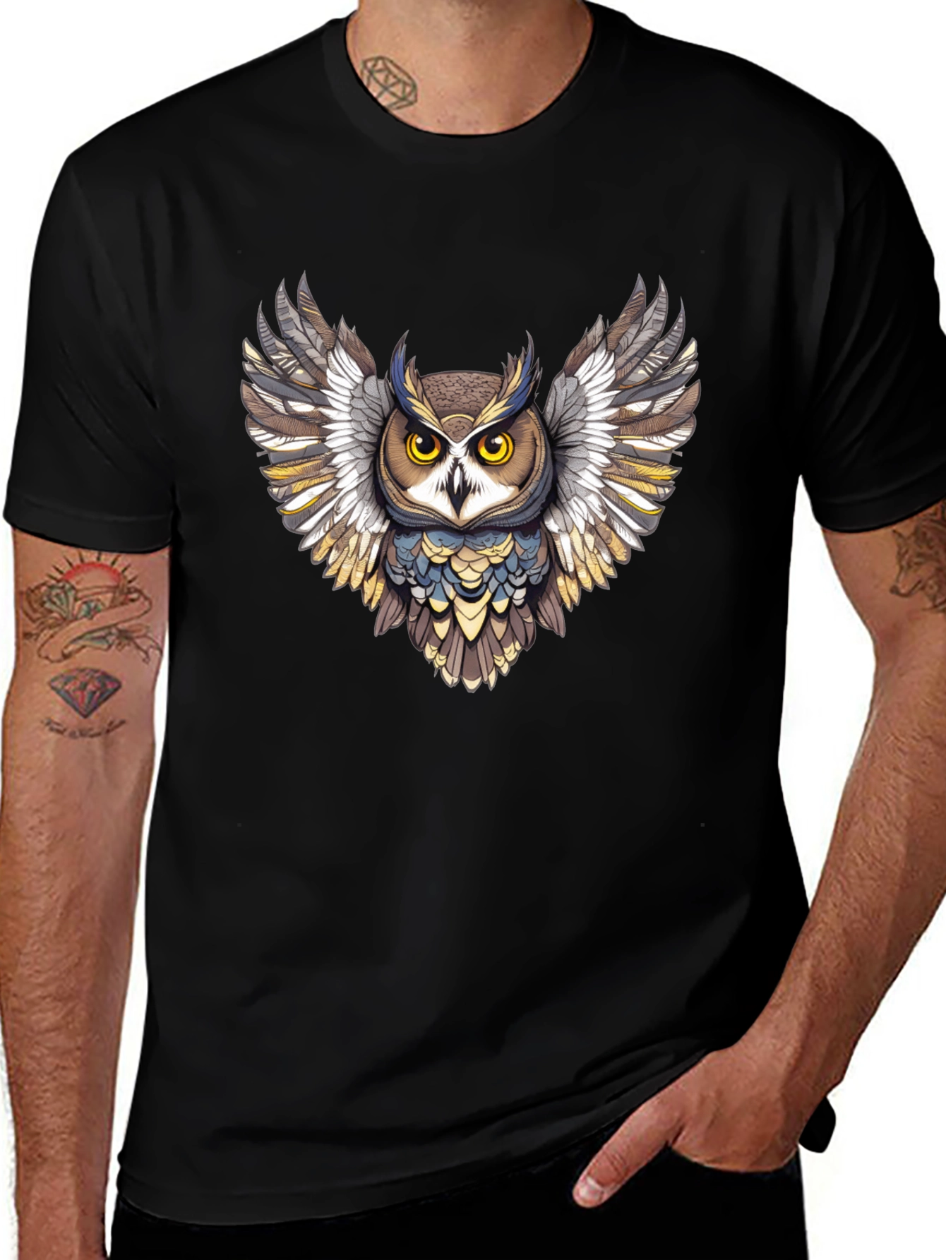Owl Graphic Print Mens Black T-Shirt