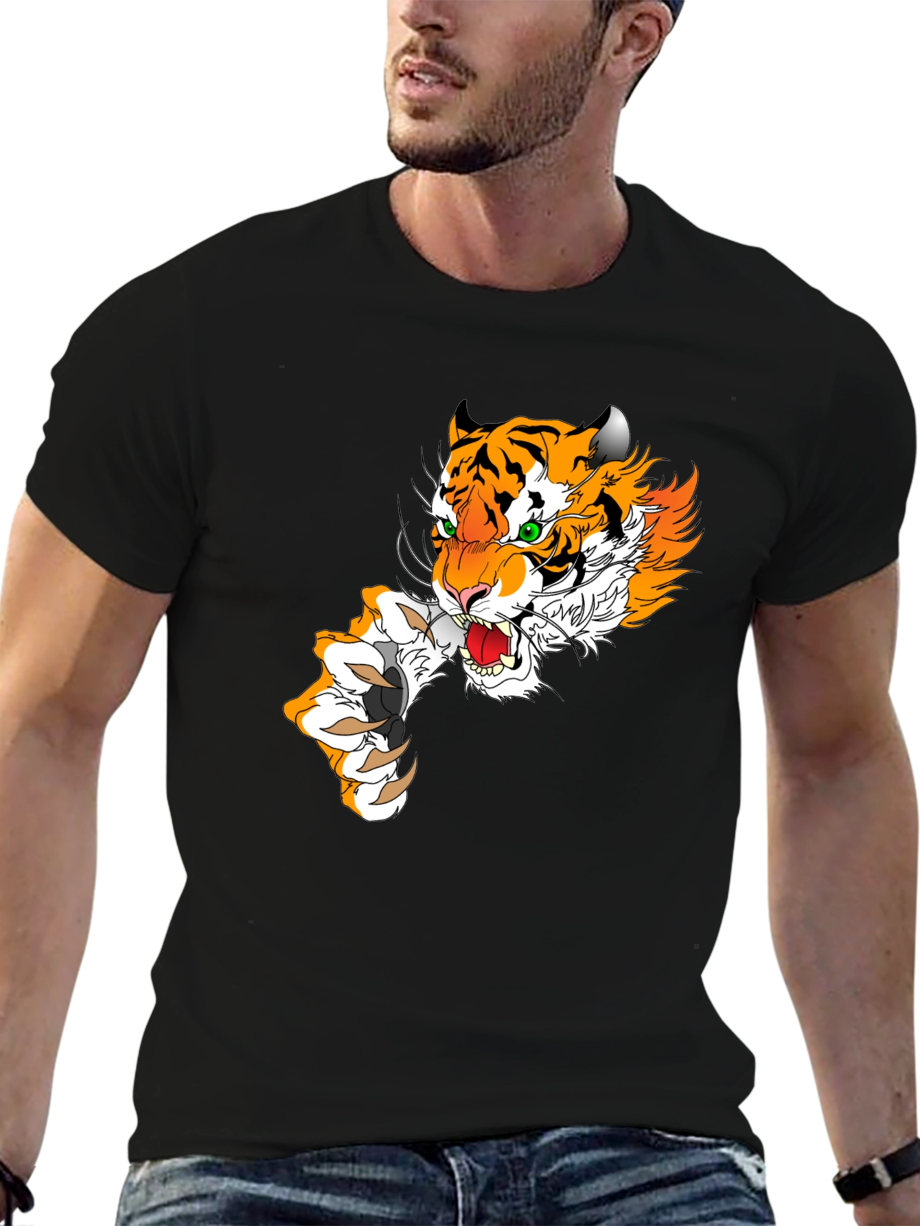 Tiger Graphic Print Mens T-Shirt - Black