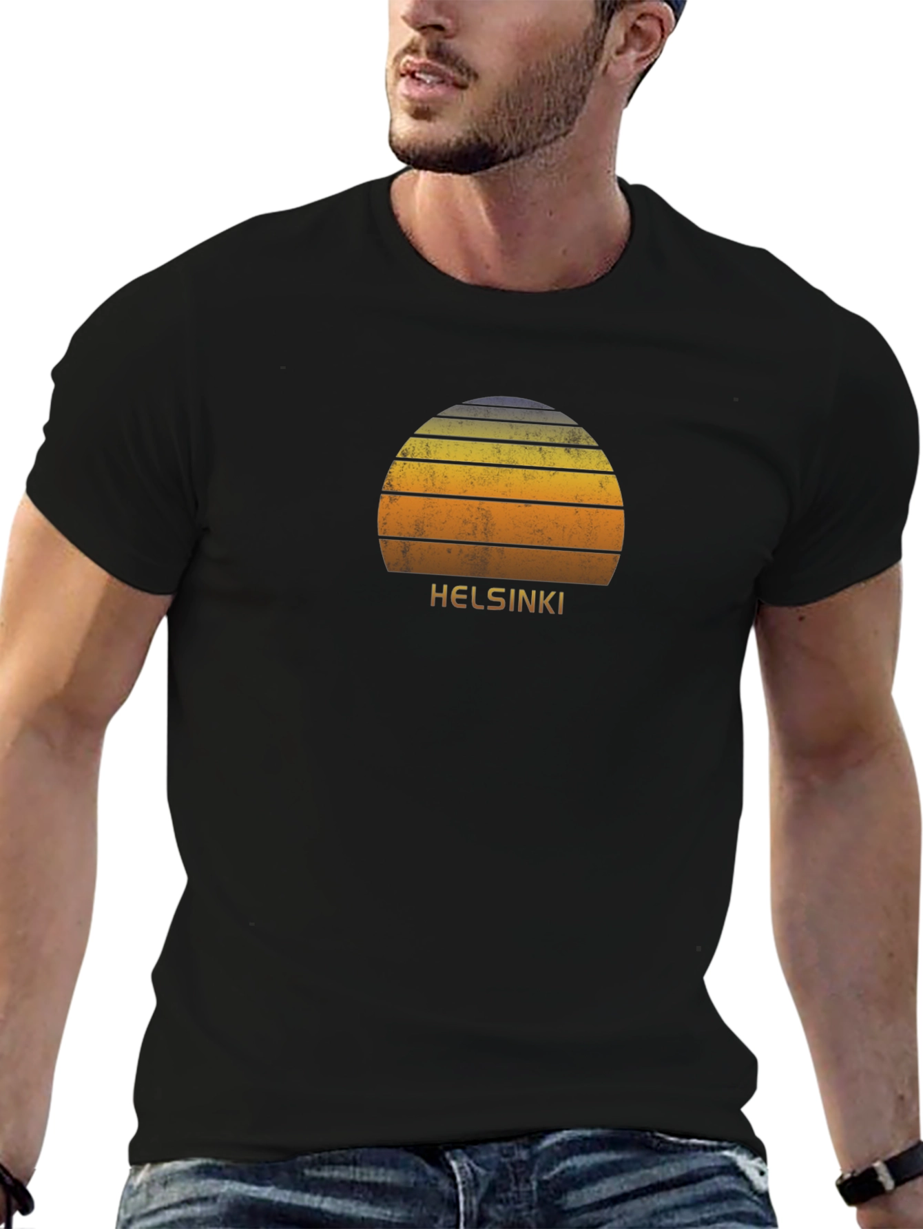 Retro Helsinki Sunset Graphic T-Shirt - Black