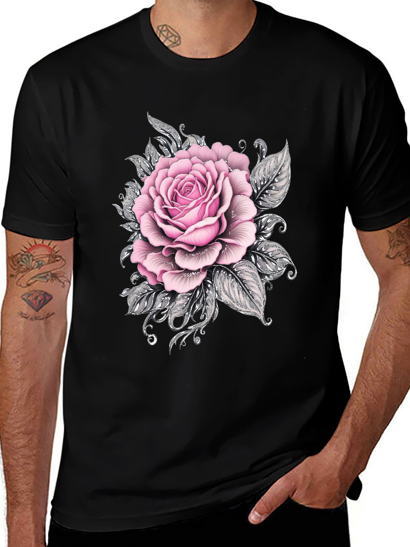 Mens Black T-Shirt with Pink Rose Floral Graphic