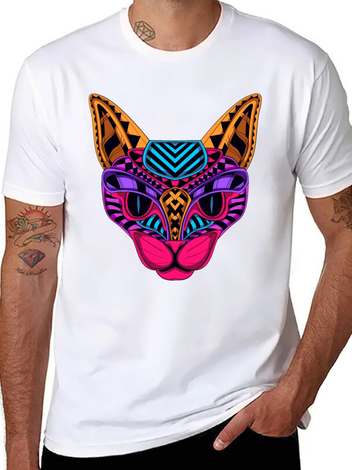 Vibrant Geometric Cat T-Shirt - Unique Design