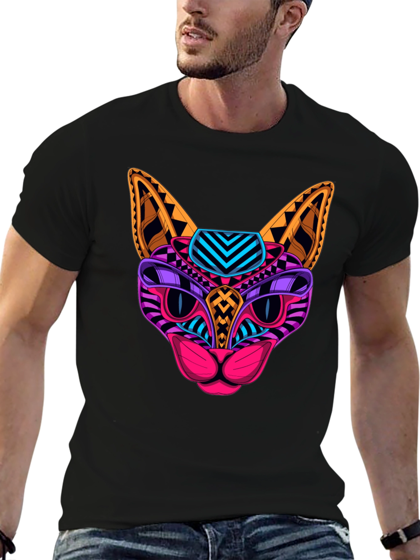 Vibrant Geometric Cat T-Shirt - Unique Design