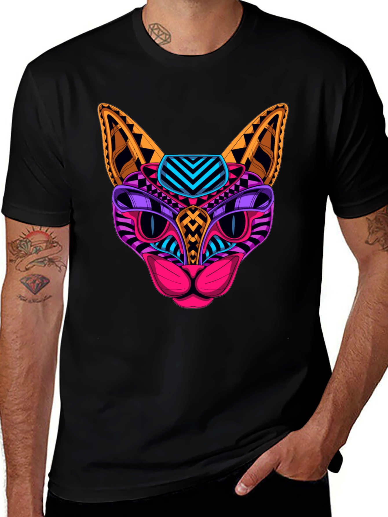 Vibrant Geometric Cat T-Shirt - Unique Design