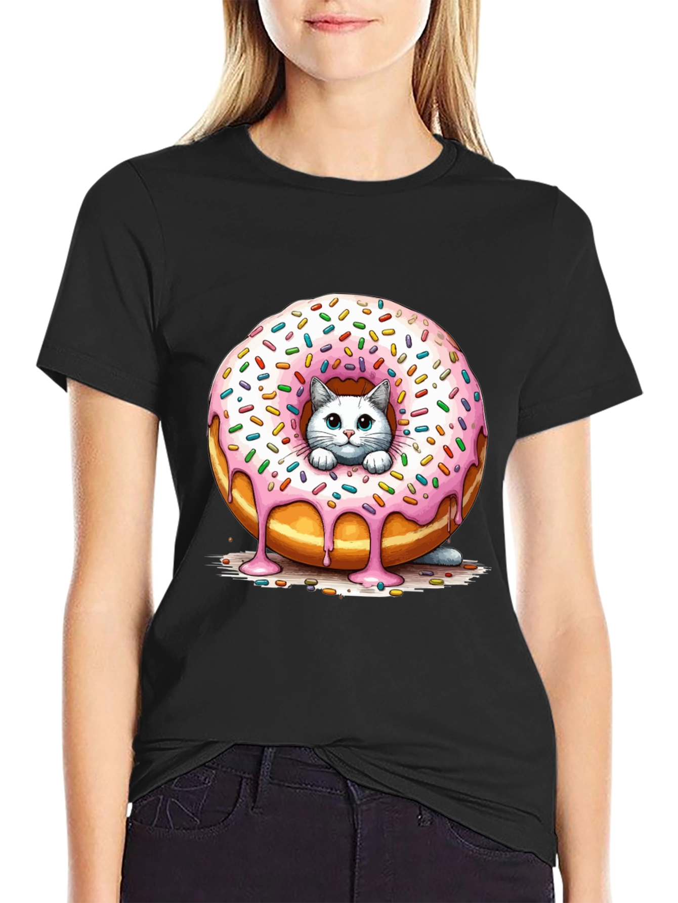 Cute Cat Donut T-Shirt - Unisex Black Tee