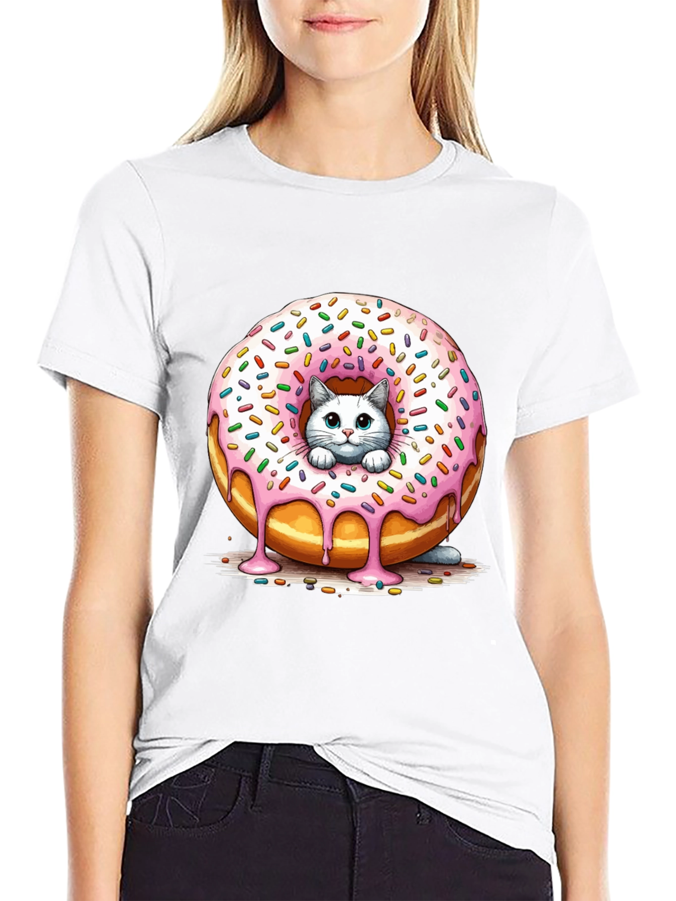 Cute Cat Donut T-Shirt - Unisex Black Tee