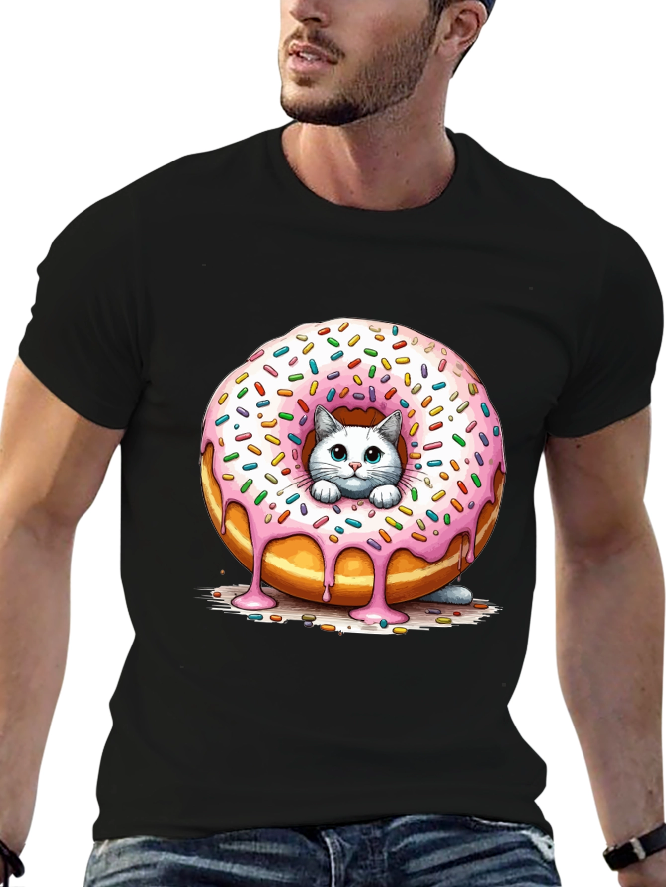 Cute Cat Donut T-Shirt - Unisex Black Tee
