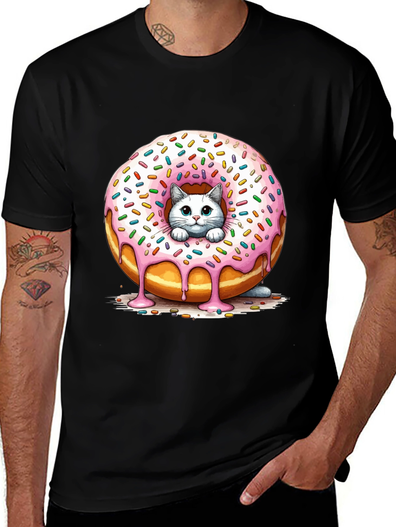 Cute Cat Donut T-Shirt - Unisex Black Tee