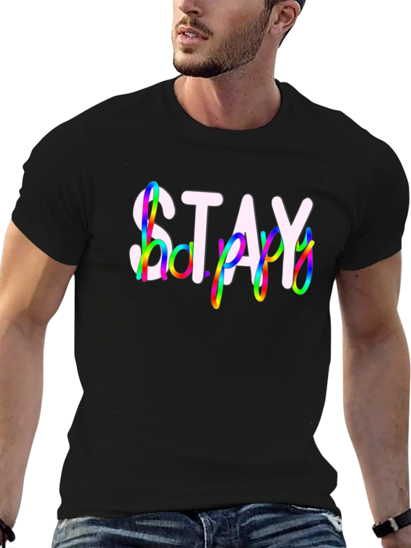 Stay Happy Black T-Shirt - Rainbow Design