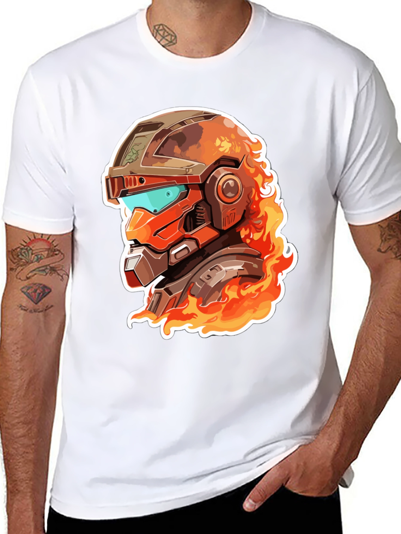 Fiery Robot Helmet Graphic Tee