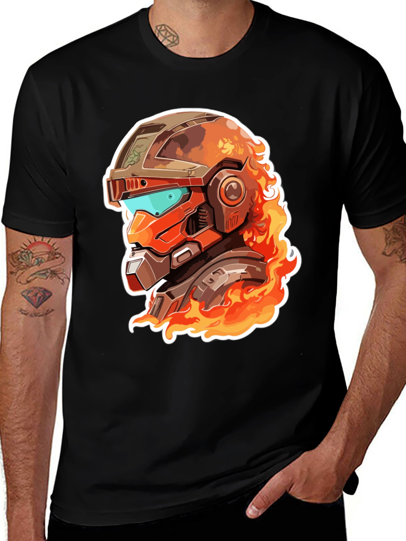 Fiery Robot Helmet Graphic Tee