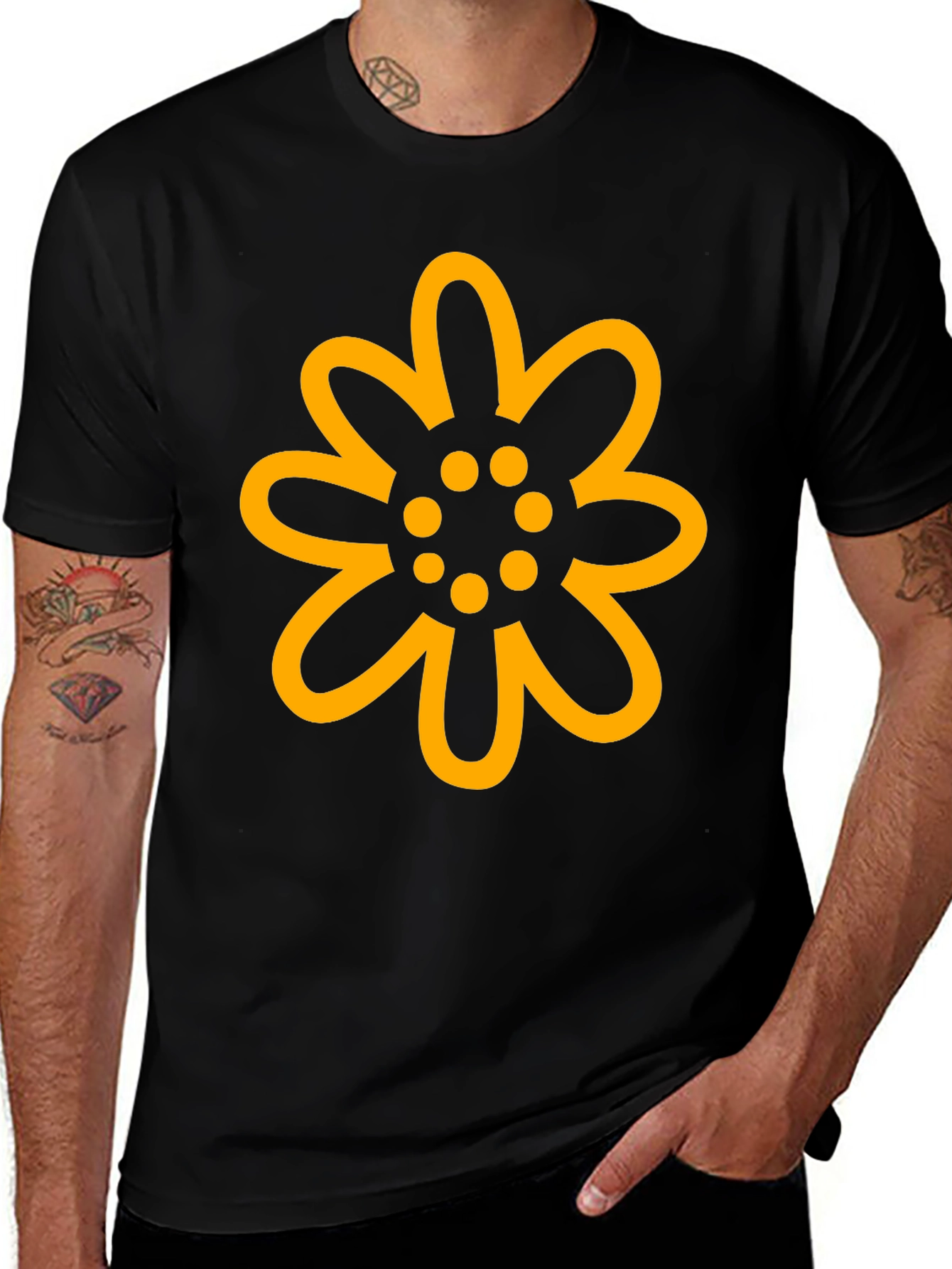 Black T-Shirt with Gold Floral Design