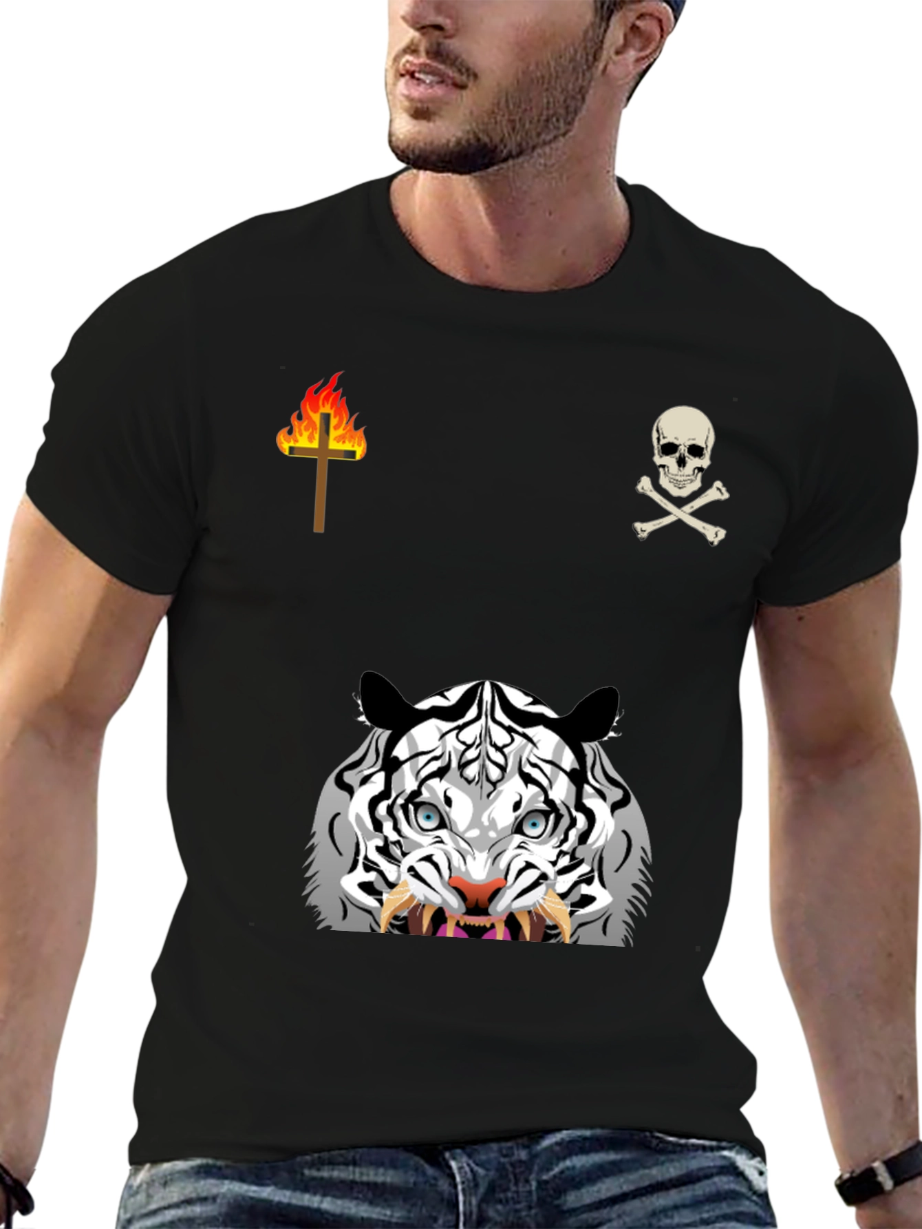 Graphic Black T-Shirt with White Tiger & Skull Design
