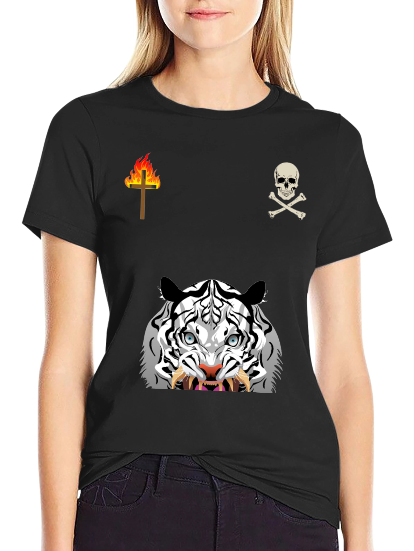 Graphic Black T-Shirt with White Tiger & Skull Design