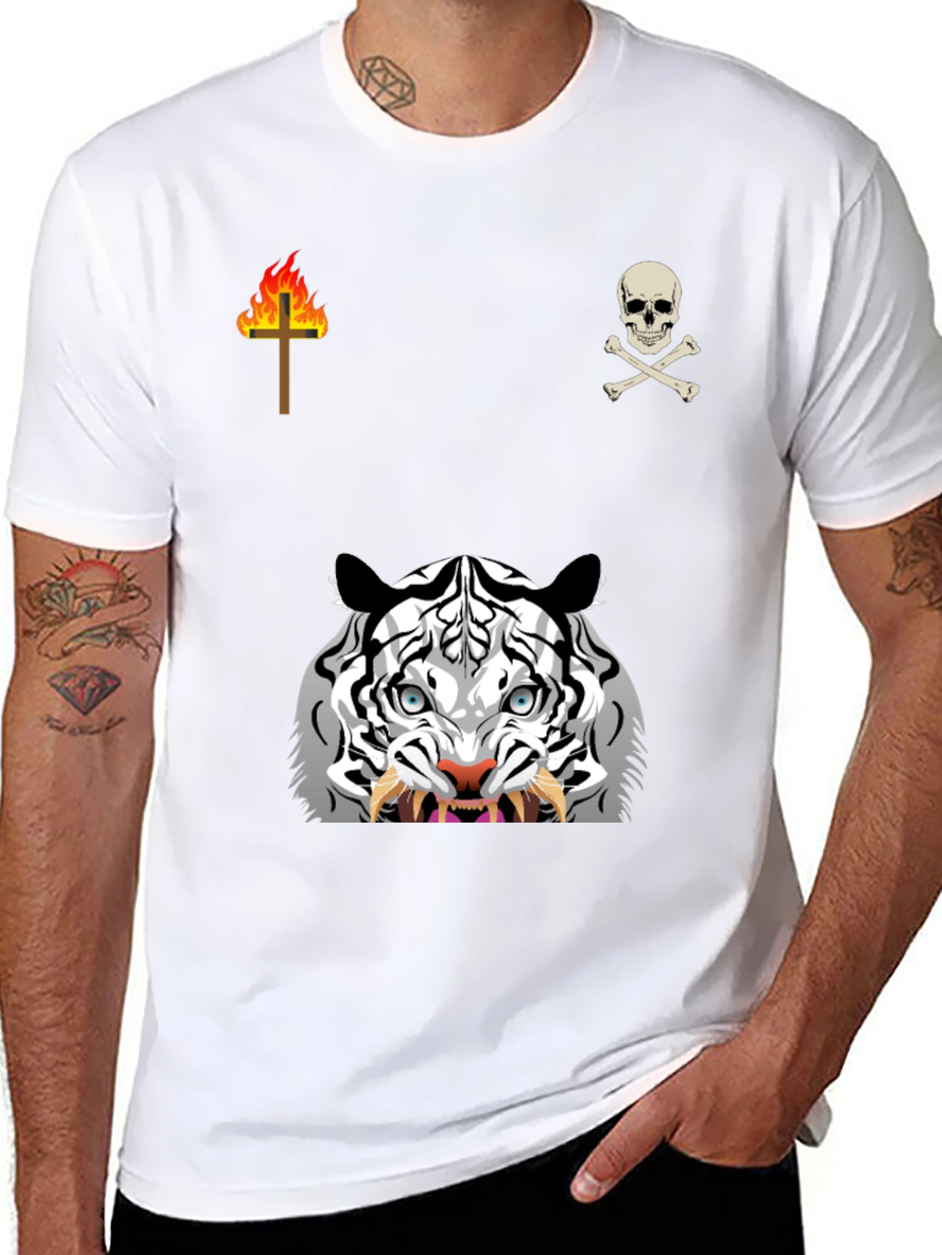 Graphic Black T-Shirt with White Tiger & Skull Design