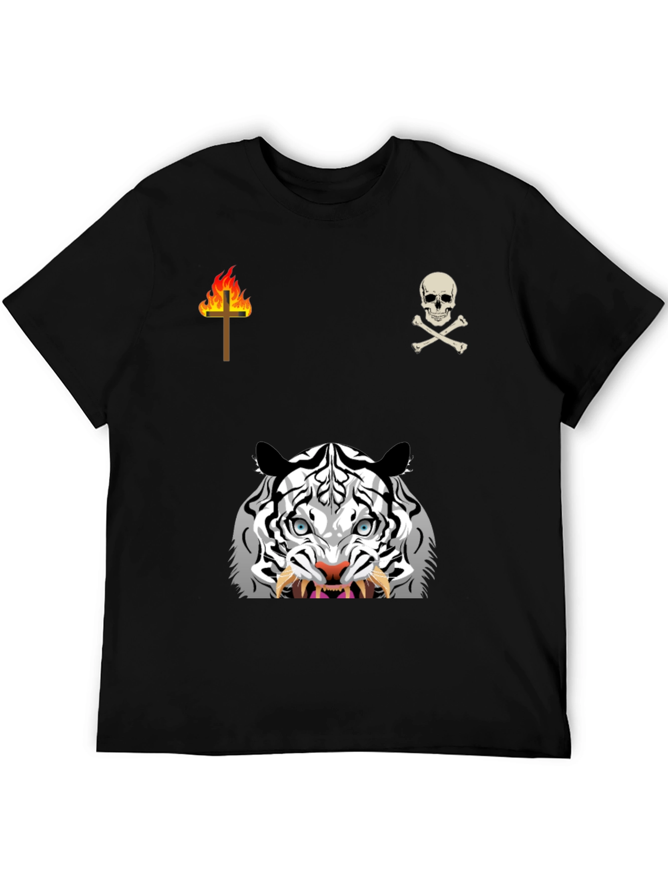 Graphic Black T-Shirt with White Tiger & Skull Design