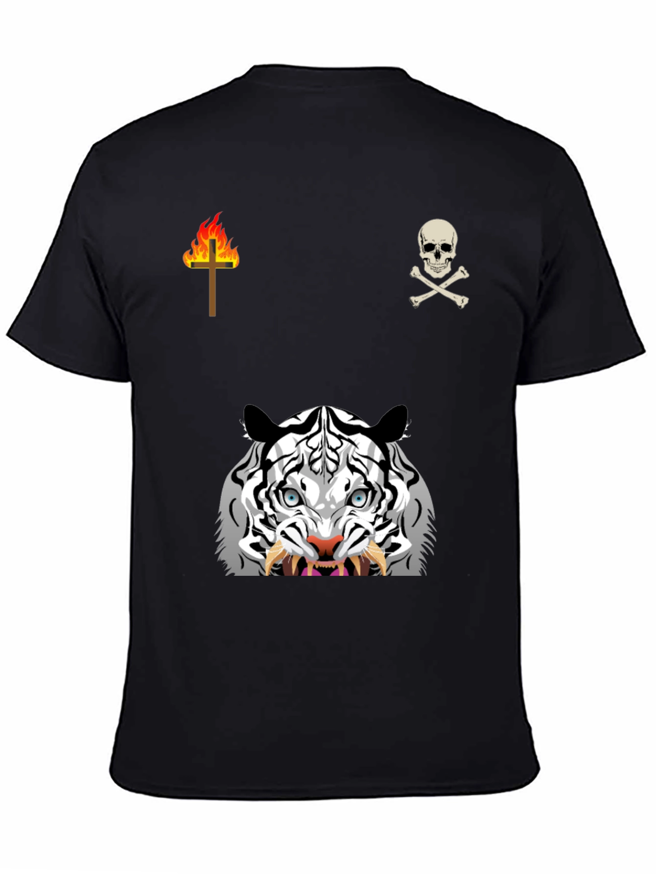 Graphic Black T-Shirt with White Tiger & Skull Design